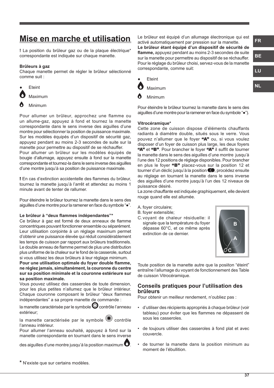 Mise en marche et utilisation, Conseils pratiques pour l’utilisation des brûleurs | Hotpoint Ariston PH 750 T (AV) R-HA User Manual | Page 37 / 84