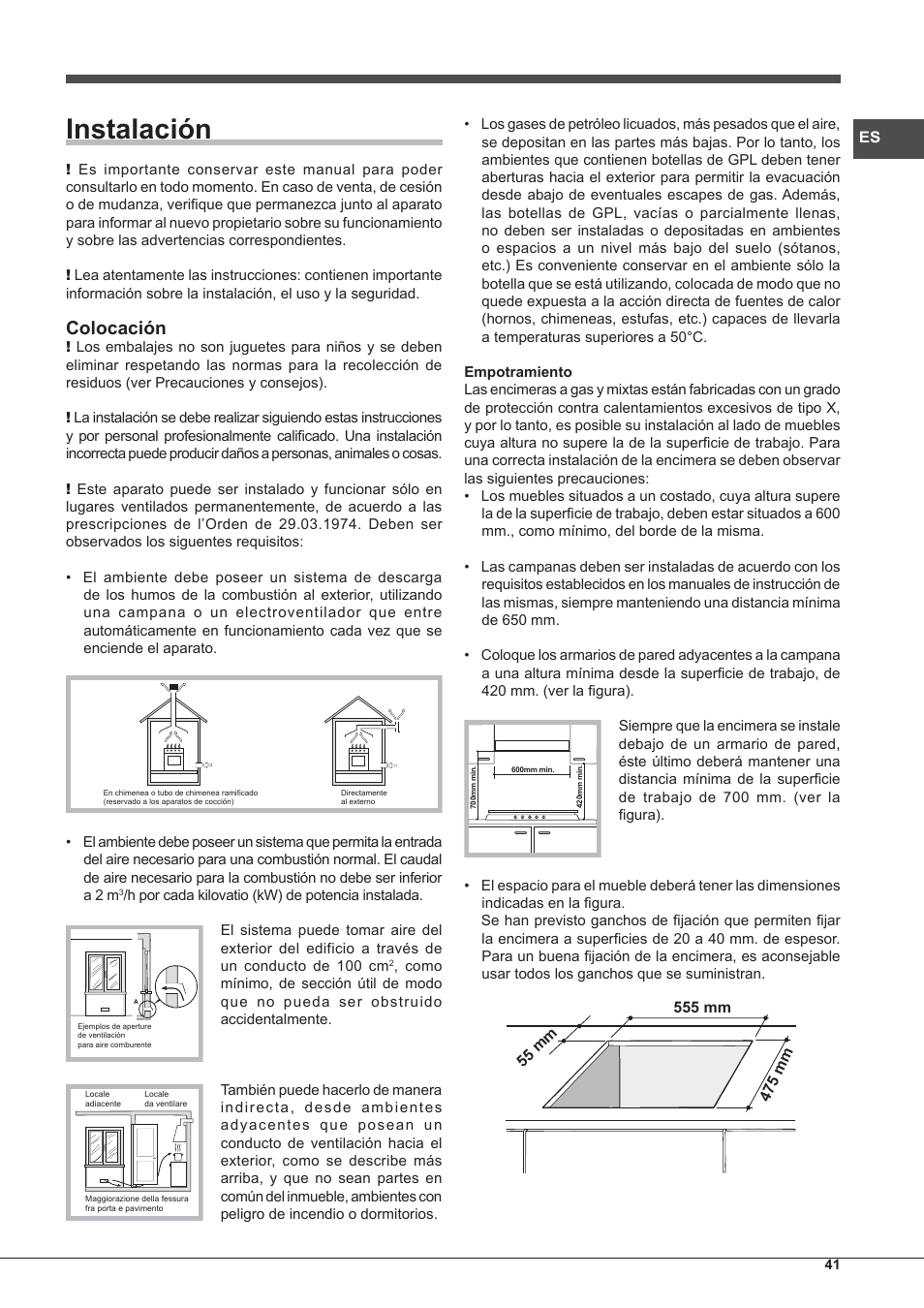 Instalación, Colocación | Hotpoint Ariston PH 750 T (AV) R-HA User Manual | Page 41 / 84