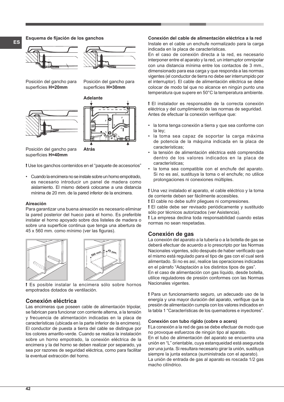 Conexión eléctrica, Conexión de gas | Hotpoint Ariston PH 750 T (AV) R-HA User Manual | Page 42 / 84