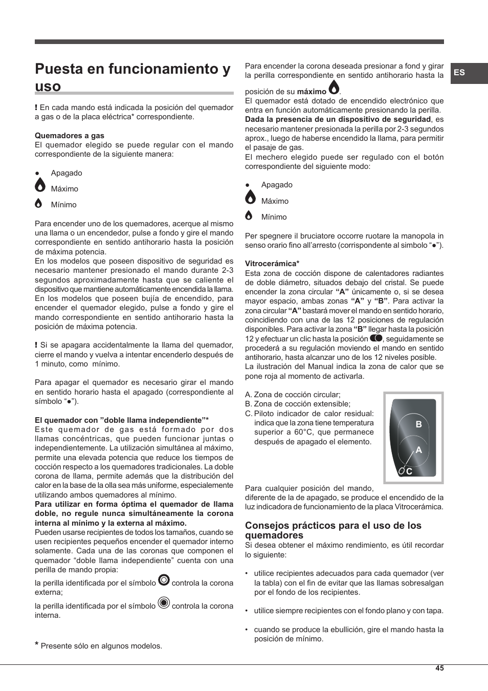 Puesta en funcionamiento y uso, Consejos prácticos para el uso de los quemadores | Hotpoint Ariston PH 750 T (AV) R-HA User Manual | Page 45 / 84