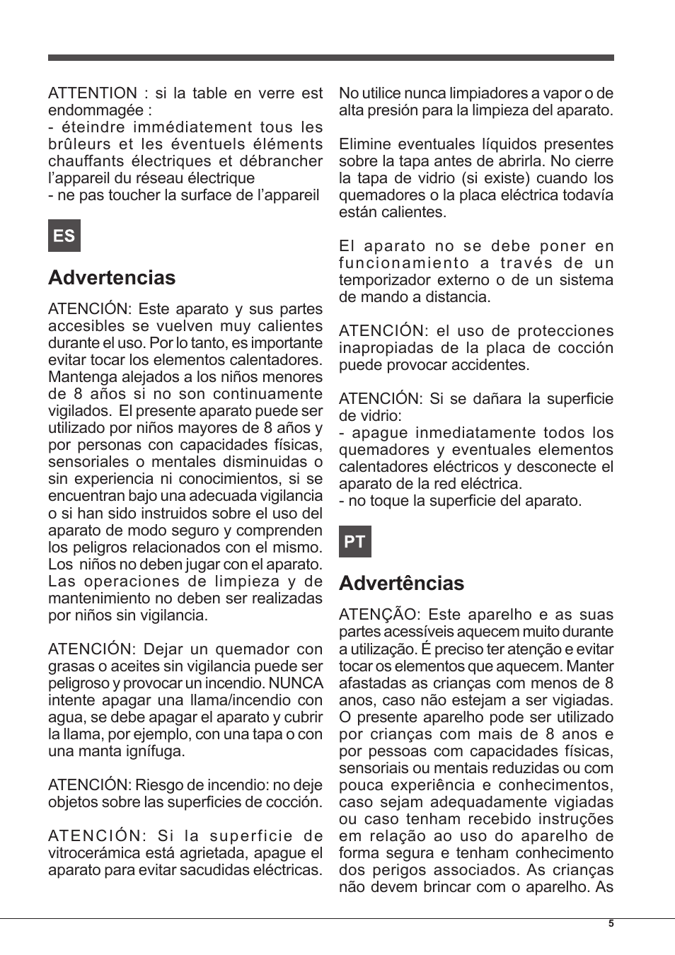 Advertencias, Advertências | Hotpoint Ariston PH 750 T (AV) R-HA User Manual | Page 5 / 84