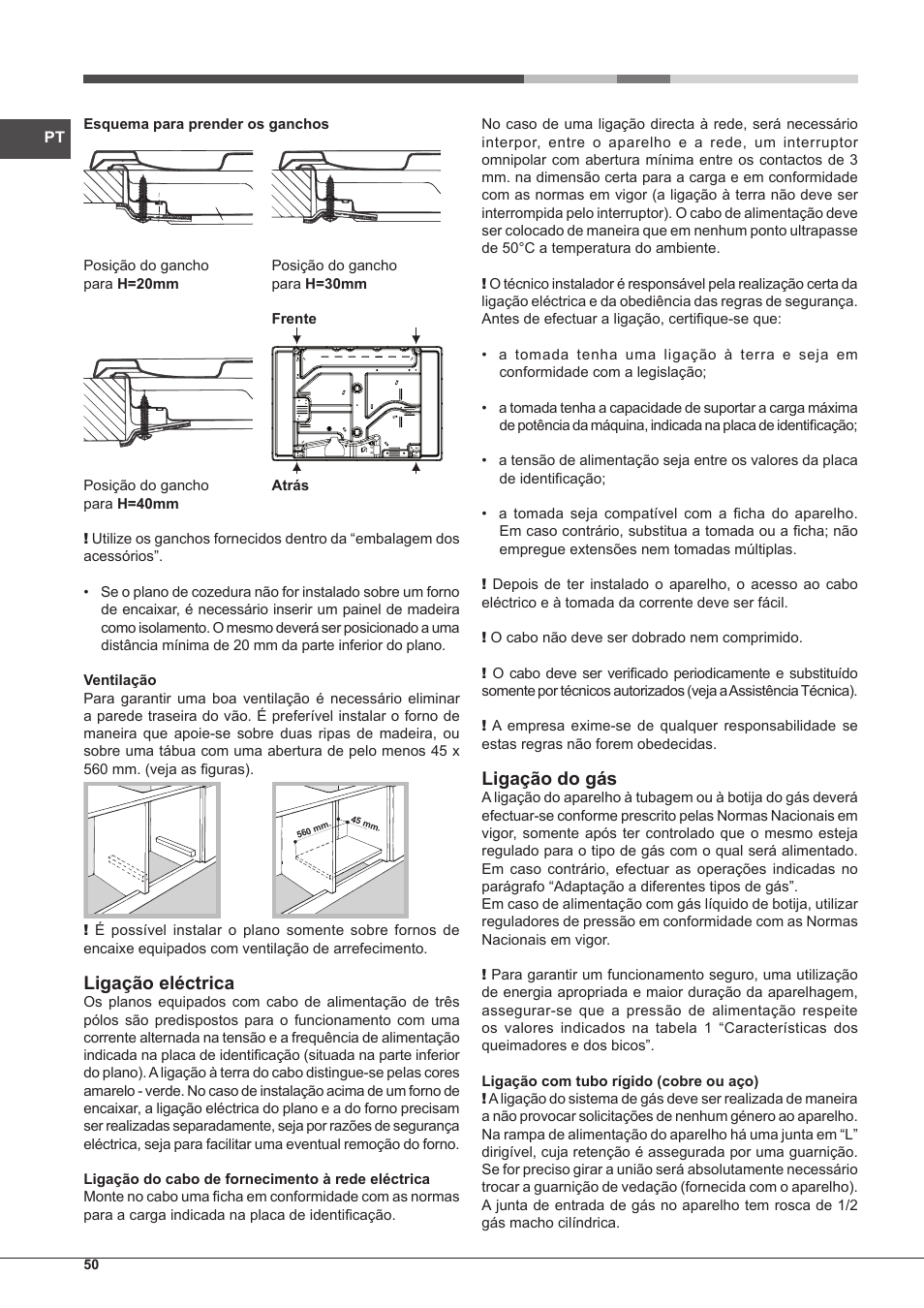 Ligação eléctrica, Ligação do gás | Hotpoint Ariston PH 750 T (AV) R-HA User Manual | Page 50 / 84