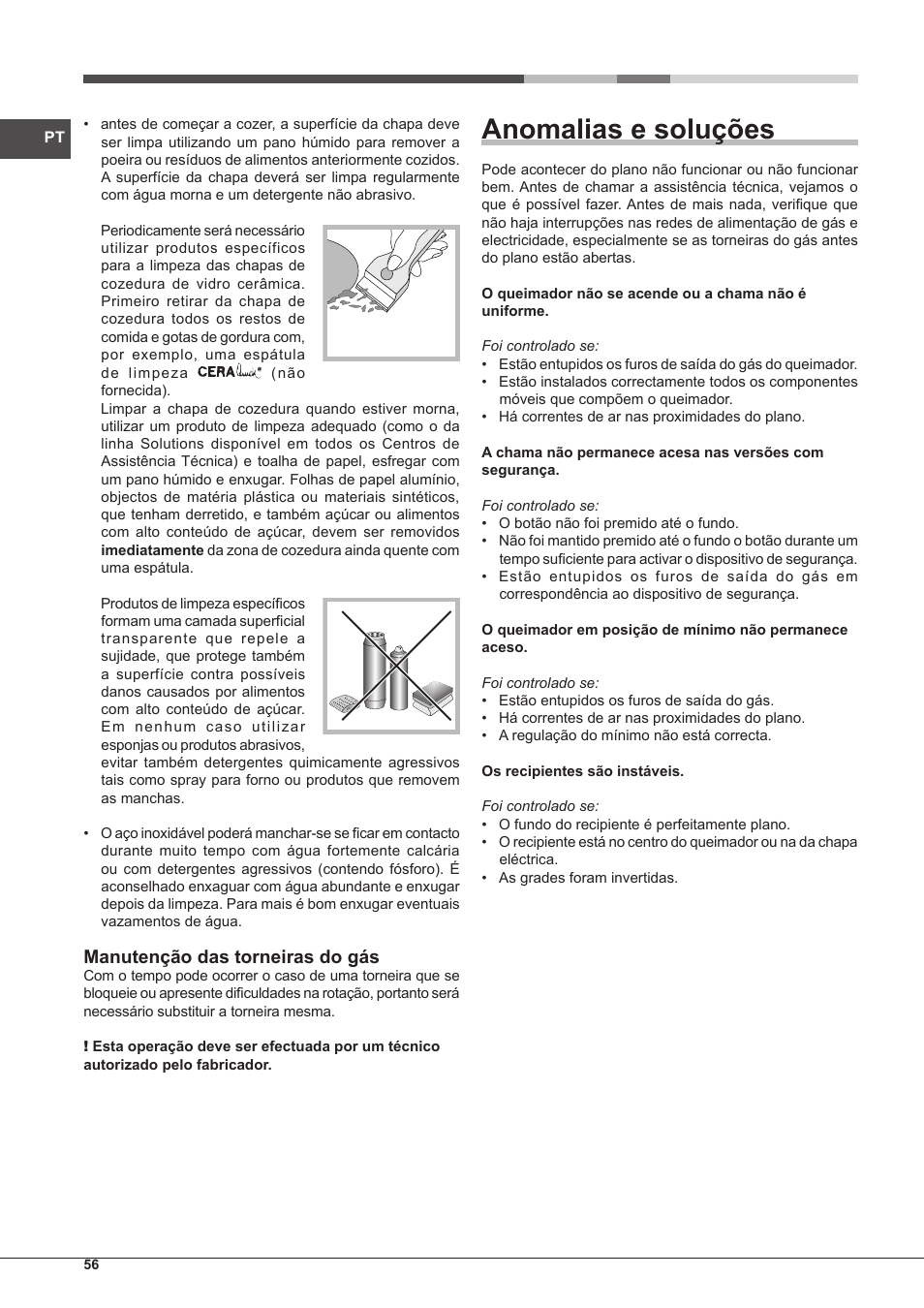 Anomalias e soluções, Manutenção das torneiras do gás | Hotpoint Ariston PH 750 T (AV) R-HA User Manual | Page 56 / 84