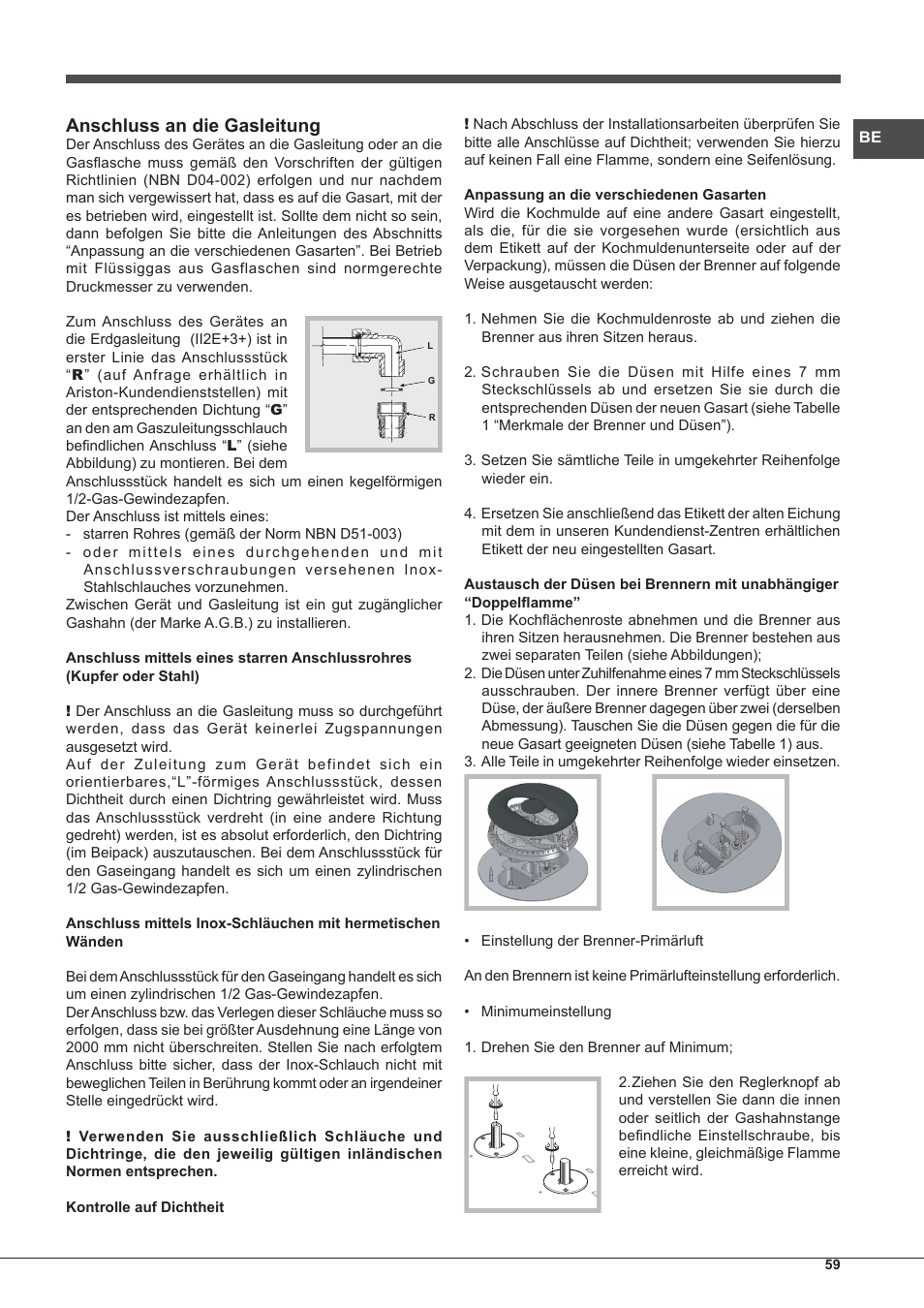 Anschluss an die gasleitung | Hotpoint Ariston PH 750 T (AV) R-HA User Manual | Page 59 / 84