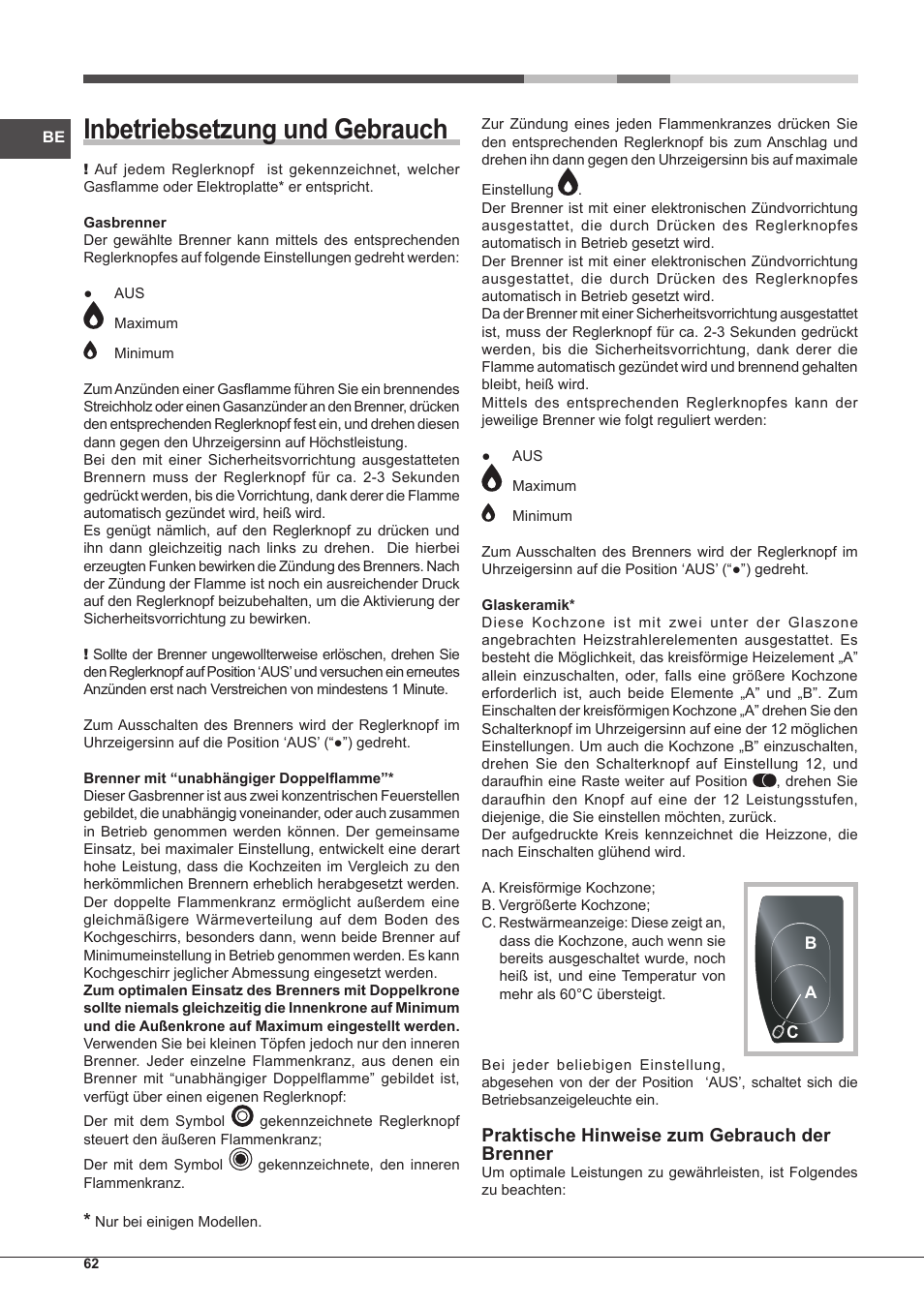 Inbetriebsetzung und gebrauch, Praktische hinweise zum gebrauch der brenner | Hotpoint Ariston PH 750 T (AV) R-HA User Manual | Page 62 / 84