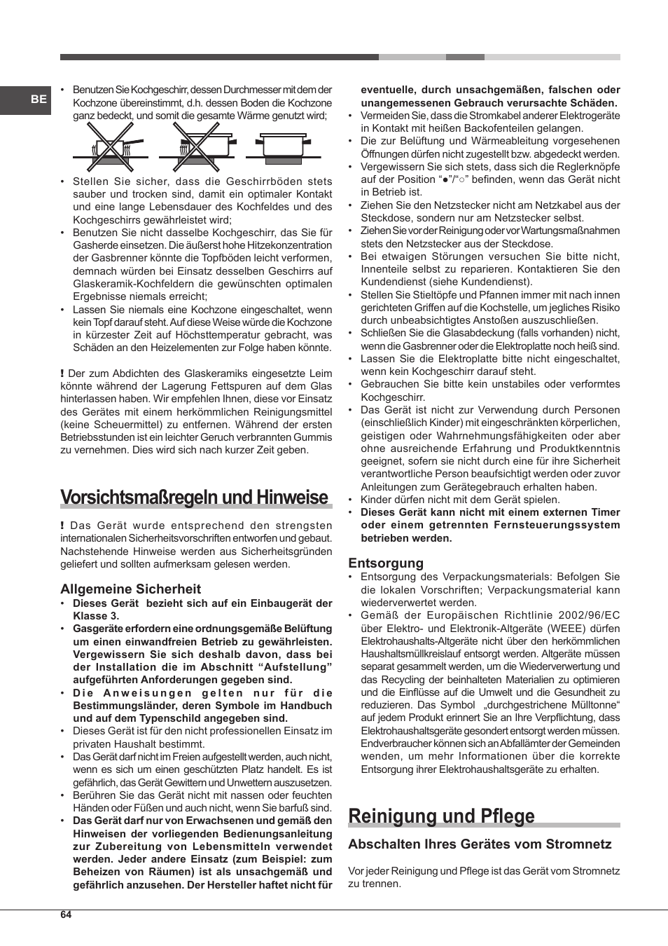 Vorsichtsmaßregeln und hinweise, Reinigung und pflege, Allgemeine sicherheit | Entsorgung, Abschalten ihres gerätes vom stromnetz | Hotpoint Ariston PH 750 T (AV) R-HA User Manual | Page 64 / 84