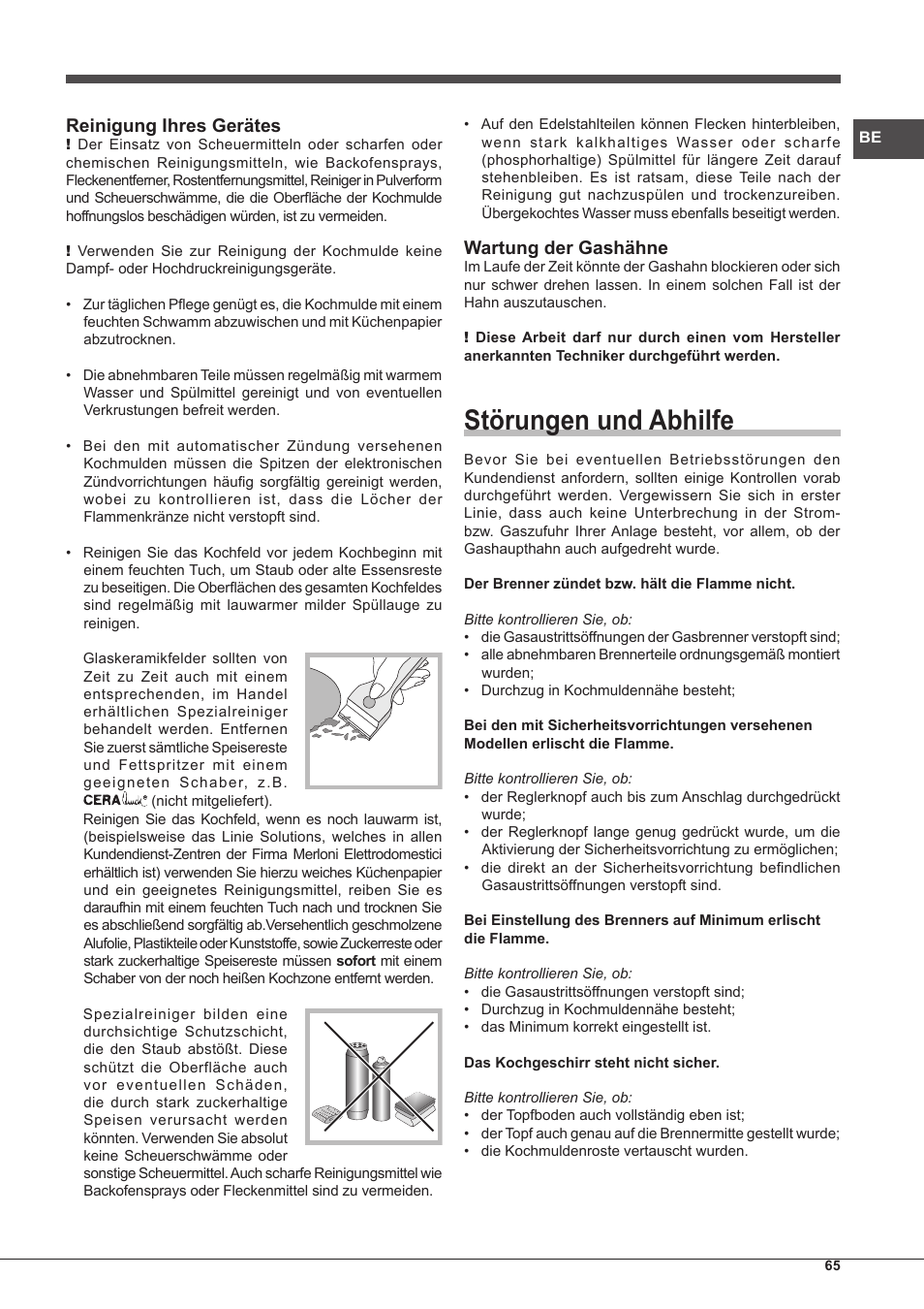 Störungen und abhilfe, Reinigung ihres gerätes, Wartung der gashähne | Hotpoint Ariston PH 750 T (AV) R-HA User Manual | Page 65 / 84