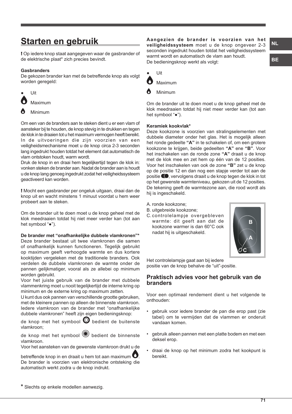 Starten en gebruik, Praktisch advies voor het gebruik van de branders | Hotpoint Ariston PH 750 T (AV) R-HA User Manual | Page 71 / 84