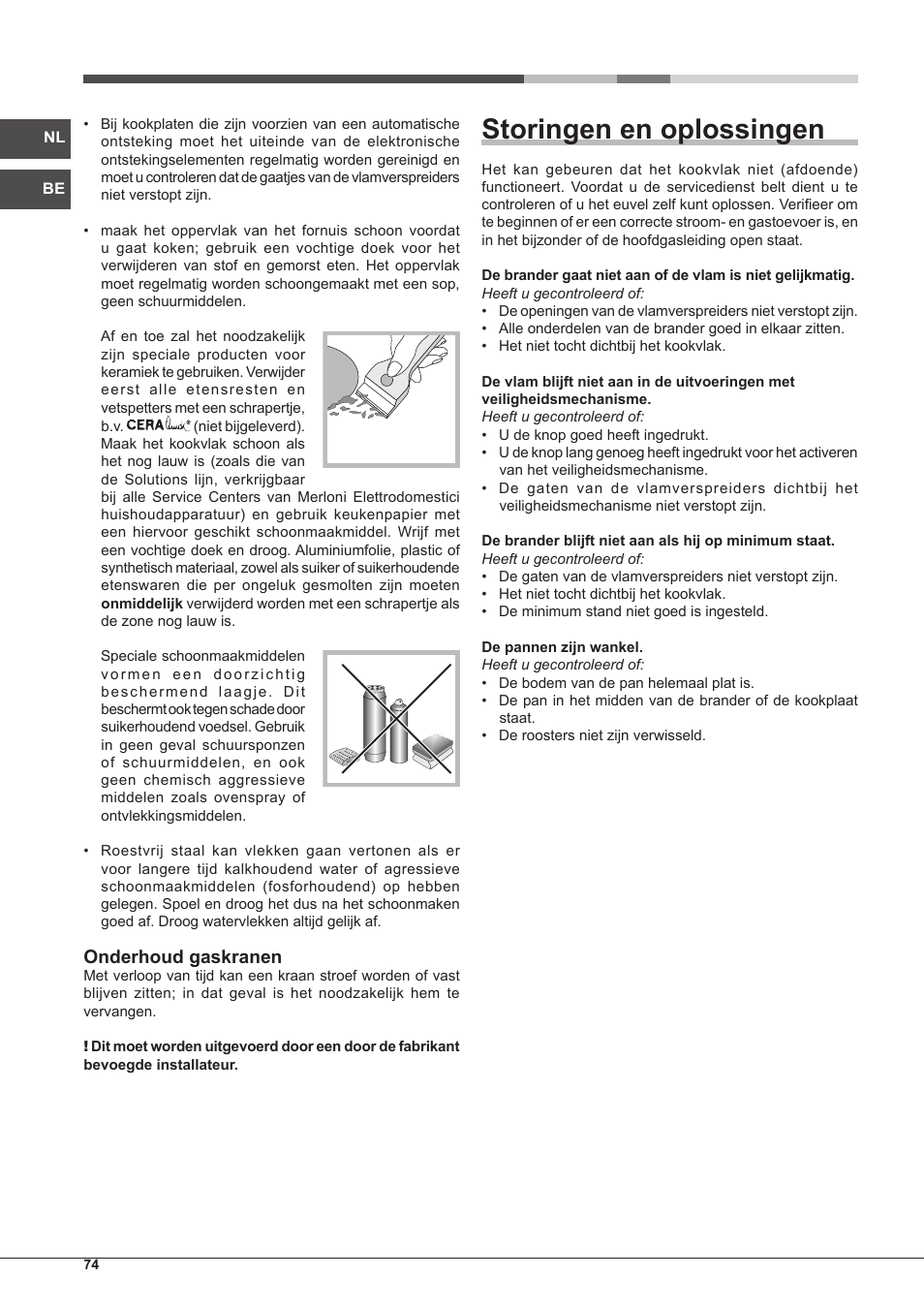 Storingen en oplossingen, Onderhoud gaskranen | Hotpoint Ariston PH 750 T (AV) R-HA User Manual | Page 74 / 84