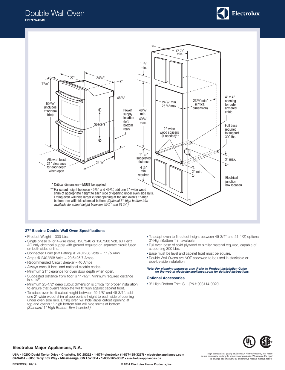 Double wall oven, Electrolux major appliances, n.a | Electrolux EI27EW45JS User Manual | Page 2 / 5