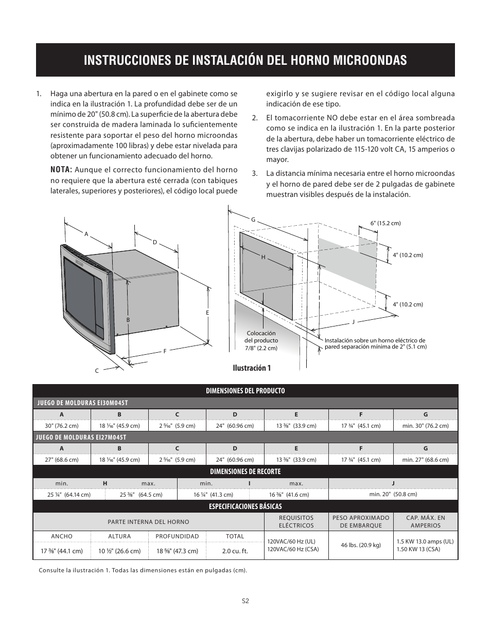 Instrucciones de instalación del horno microondas, Basic specifications, Ilustración 1 | Electrolux EI24MO45IBEI30MO45TW User Manual | Page 10 / 12