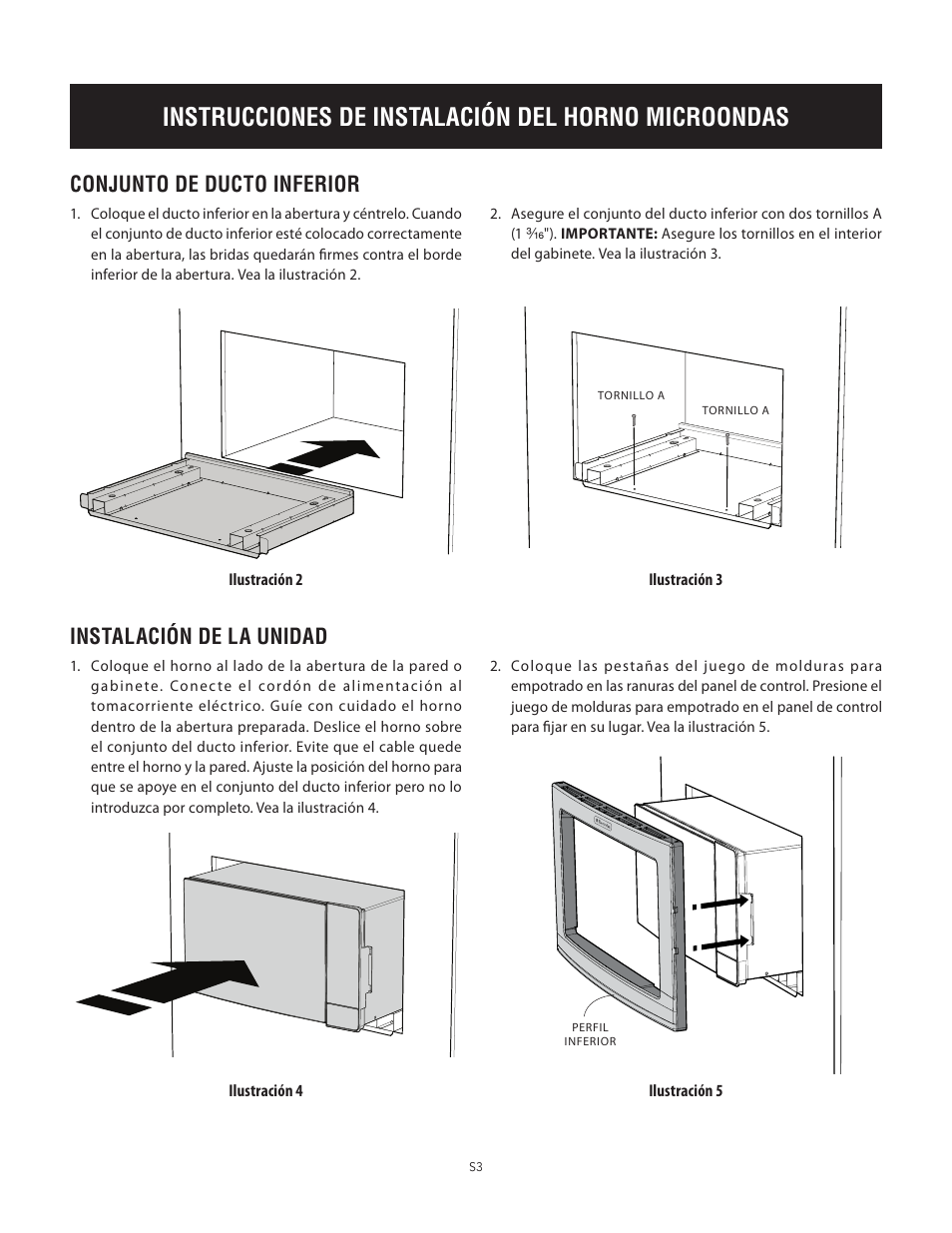 Instrucciones de instalación del horno microondas, Conjunto de ducto inferior, Instalación de la unidad | Electrolux EI24MO45IBEI30MO45TW User Manual | Page 11 / 12