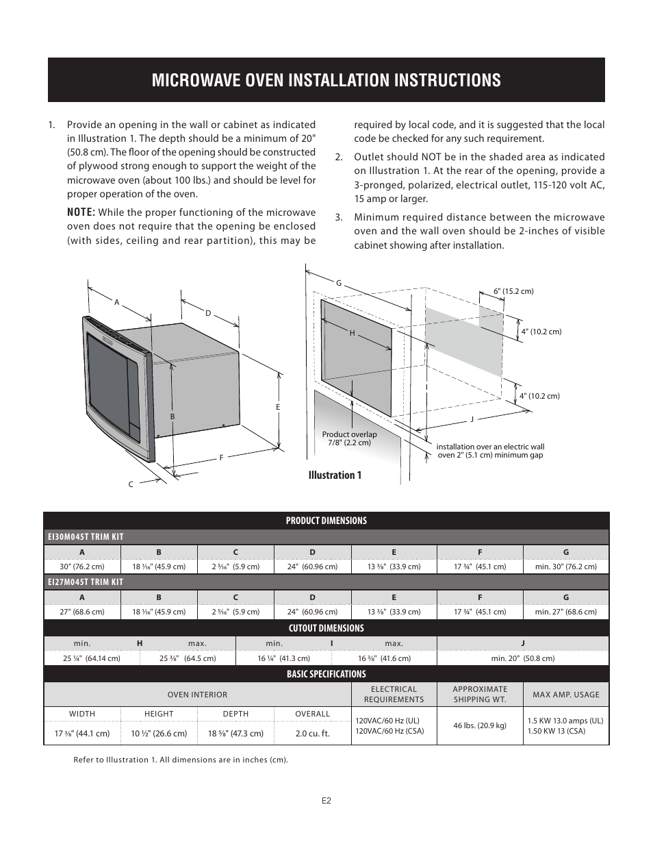 Microwave oven installation instructions, Basic specifications, Illustration 1 | Electrolux EI24MO45IBEI30MO45TW User Manual | Page 2 / 12