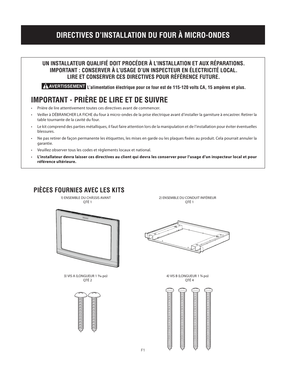 Directives d’installation du four à micro-ondes, Important - prière de lire et de suivre, Pièces fournies avec les kits | Electrolux EI24MO45IBEI30MO45TW User Manual | Page 5 / 12