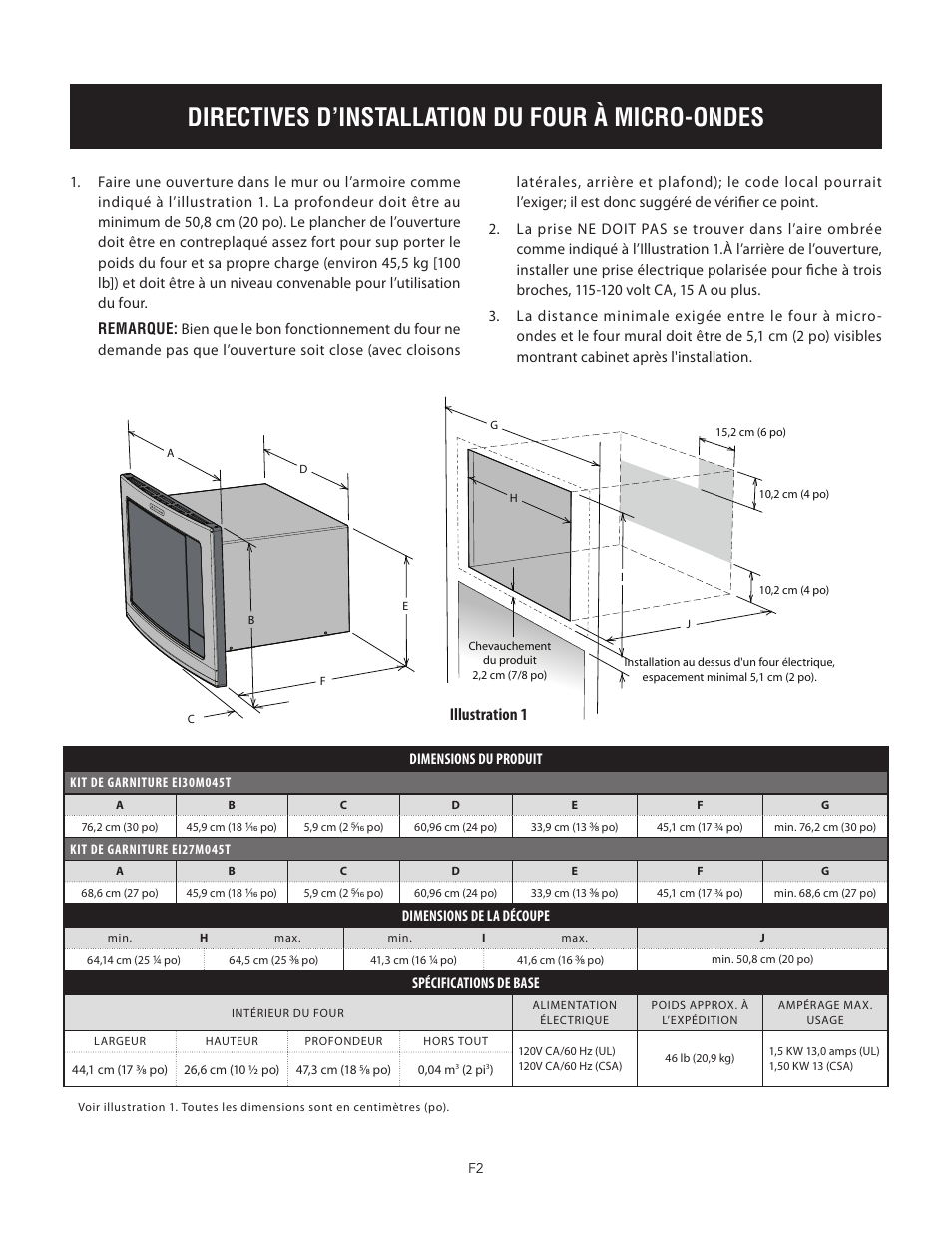 Directives d’installation du four à micro-ondes, Basic specifications, Illustration 1 | Electrolux EI24MO45IBEI30MO45TW User Manual | Page 6 / 12