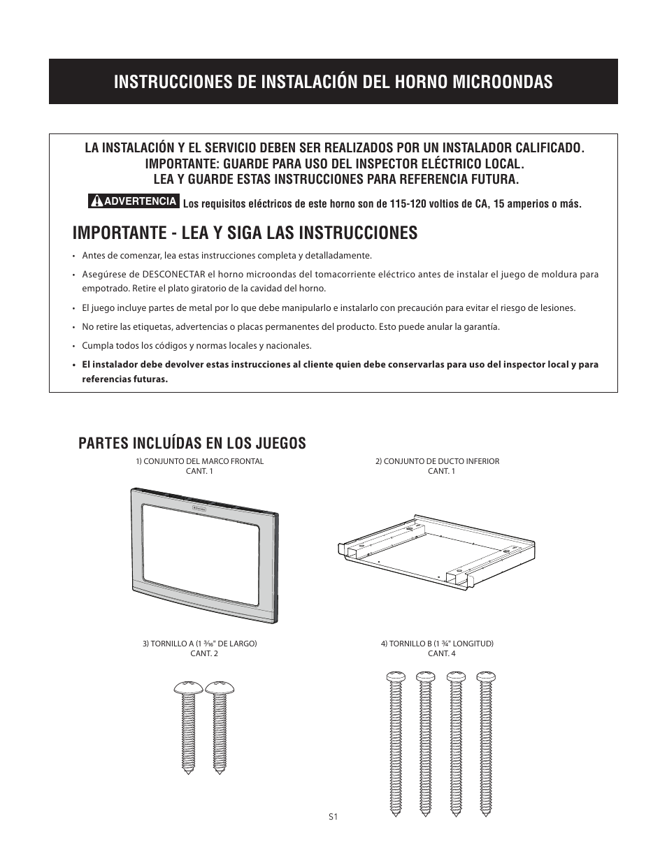 Instrucciones de instalación del horno microondas, Importante - lea y siga las instrucciones, Partes incluídas en los juegos | Electrolux EI24MO45IBEI30MO45TW User Manual | Page 9 / 12