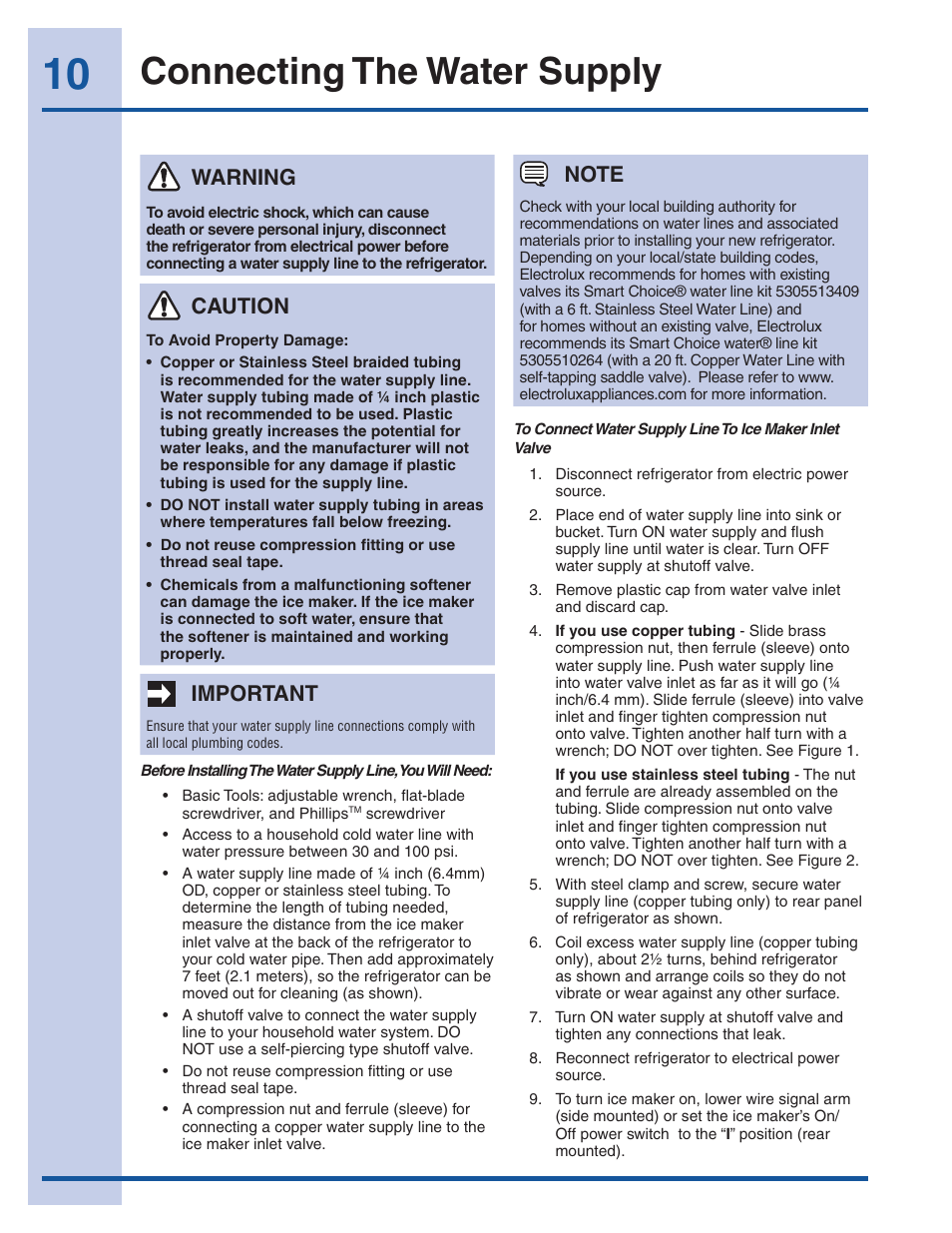 Connecting the water supply, Warning, Important | Caution | Electrolux EI26SS30JS User Manual | Page 10 / 41