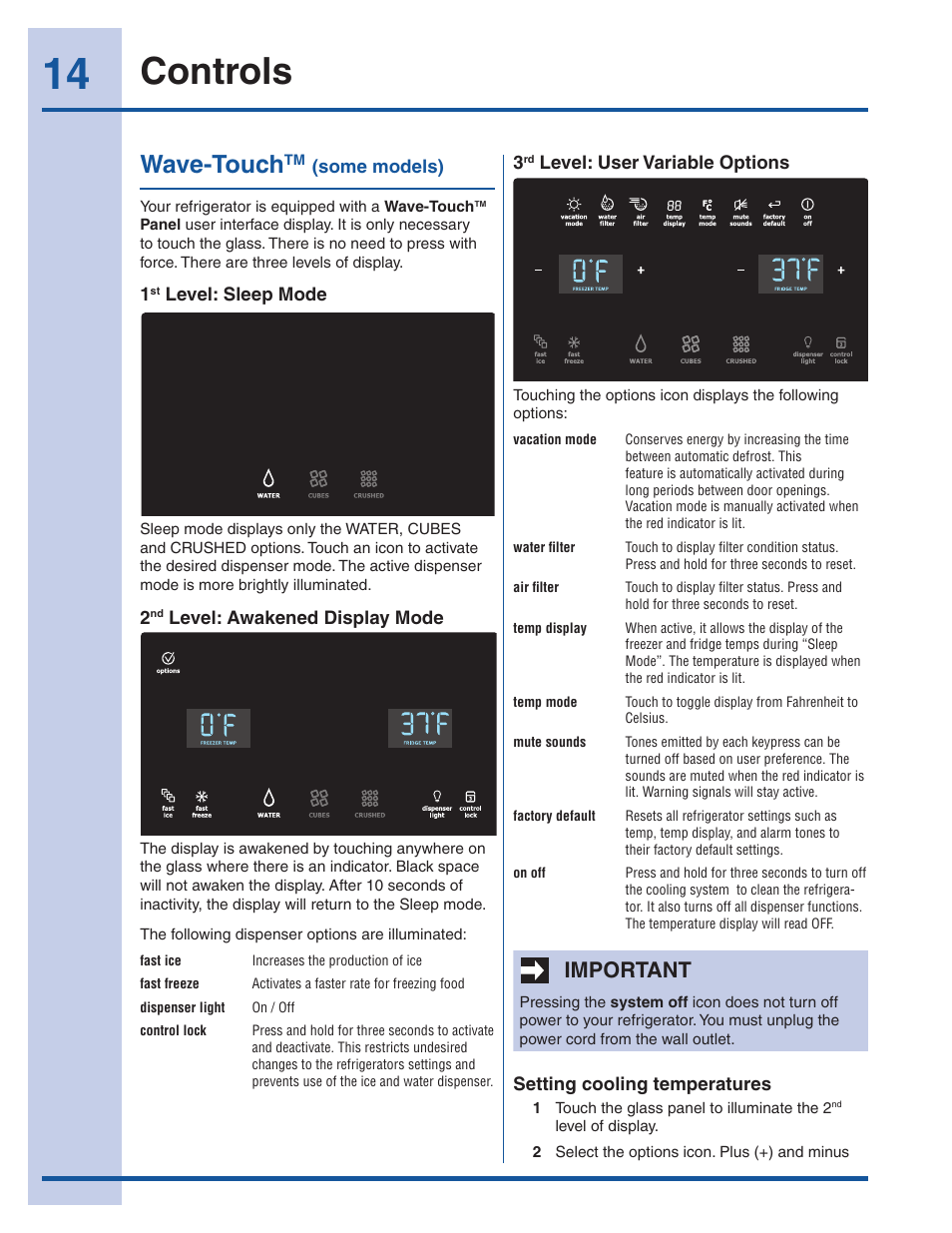 Controls, Wave-touch, Important | Electrolux EI26SS30JS User Manual | Page 14 / 41