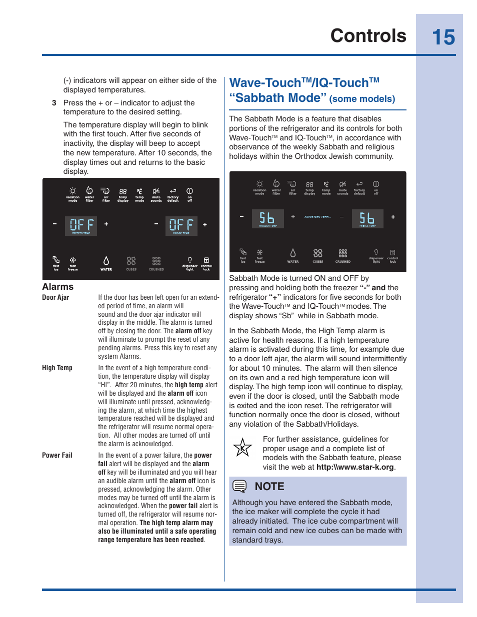 Controls, Wave-touch, Iq-touch | Sabbath mode | Electrolux EI26SS30JS User Manual | Page 15 / 41