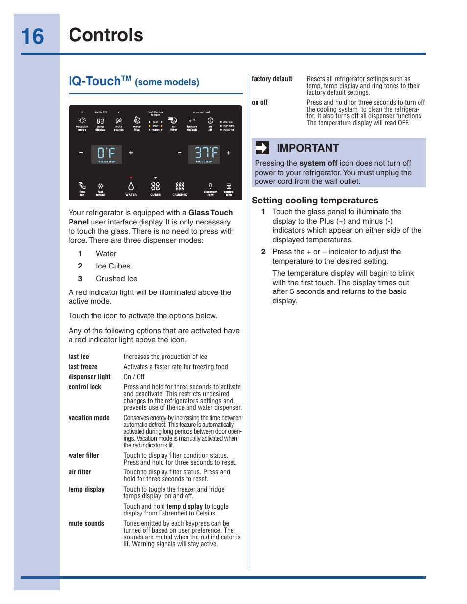 Controls, Iq-touch, Important | Electrolux EI26SS30JS User Manual | Page 16 / 41