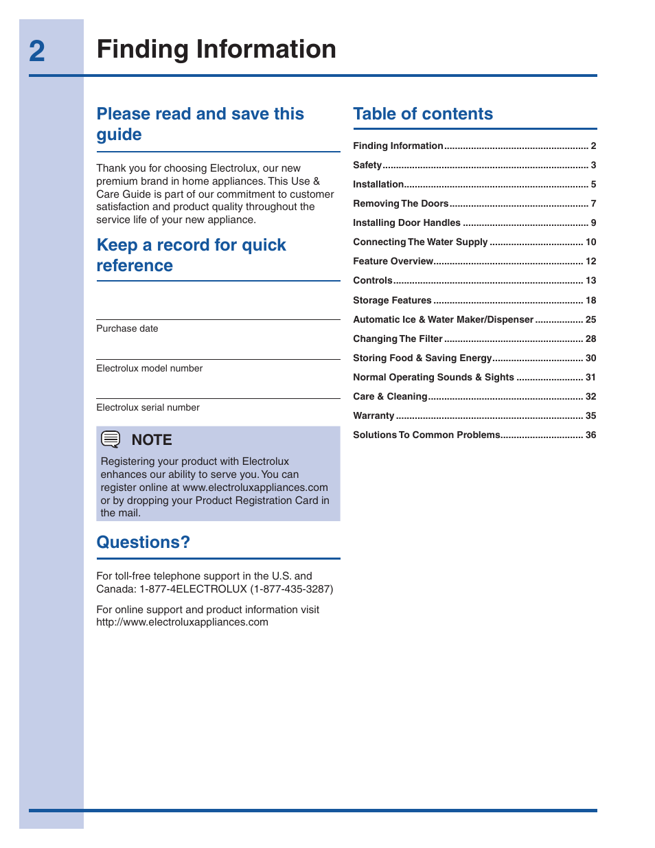 Finding information, Please read and save this guide, Keep a record for quick reference | Table of contents questions | Electrolux EI26SS30JS User Manual | Page 2 / 41