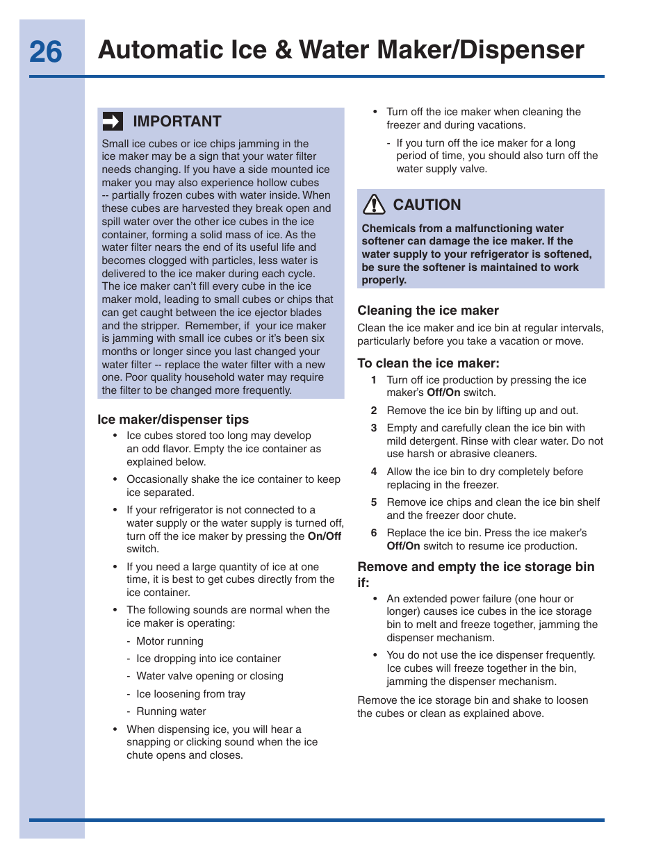 Automatic ice & water maker/dispenser, Important, Caution | Electrolux EI26SS30JS User Manual | Page 26 / 41