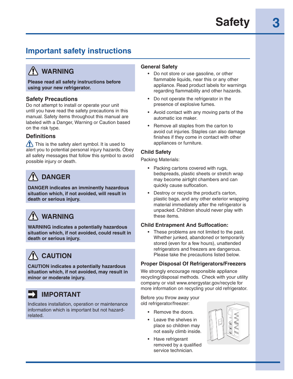 Safety, Important safety instructions, Warning | Important, Caution, Danger | Electrolux EI26SS30JS User Manual | Page 3 / 41