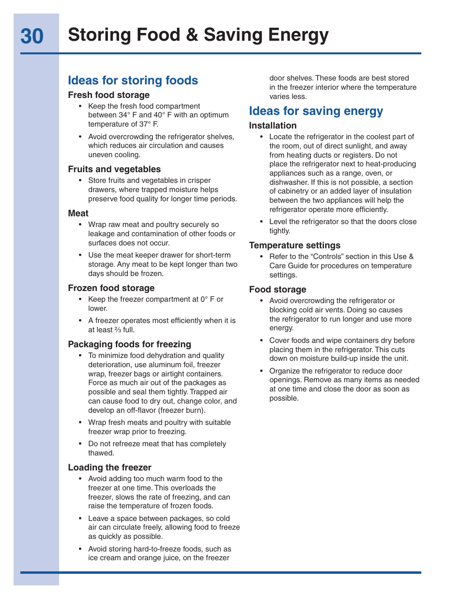 Storing food & saving energy, Ideas for storing foods, Ideas for saving energy | Electrolux EI26SS30JS User Manual | Page 30 / 41