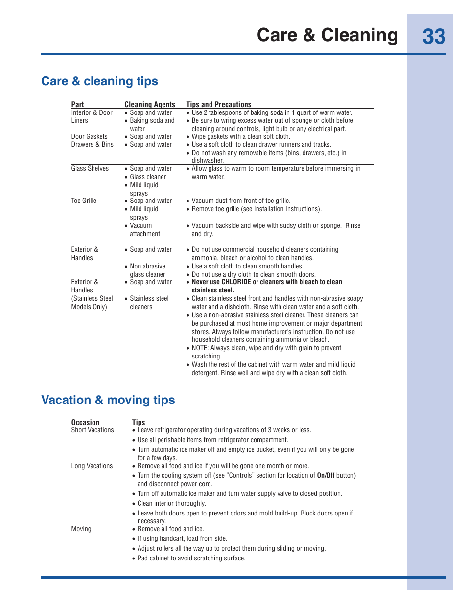 Care & cleaning, Care & cleaning tips vacation & moving tips | Electrolux EI26SS30JS User Manual | Page 33 / 41