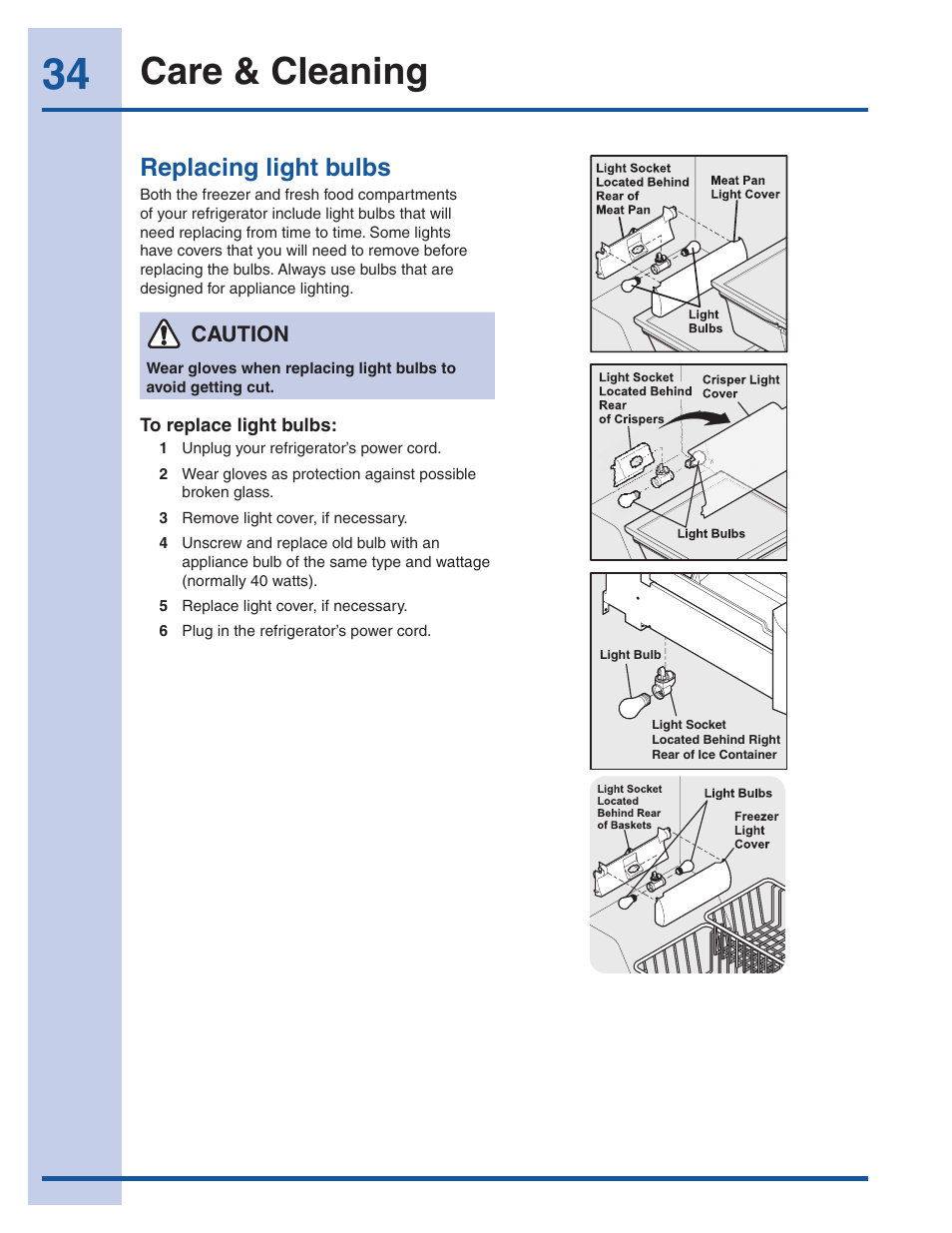 Care & cleaning, Replacing light bulbs, Caution | Electrolux EI26SS30JS User Manual | Page 34 / 41