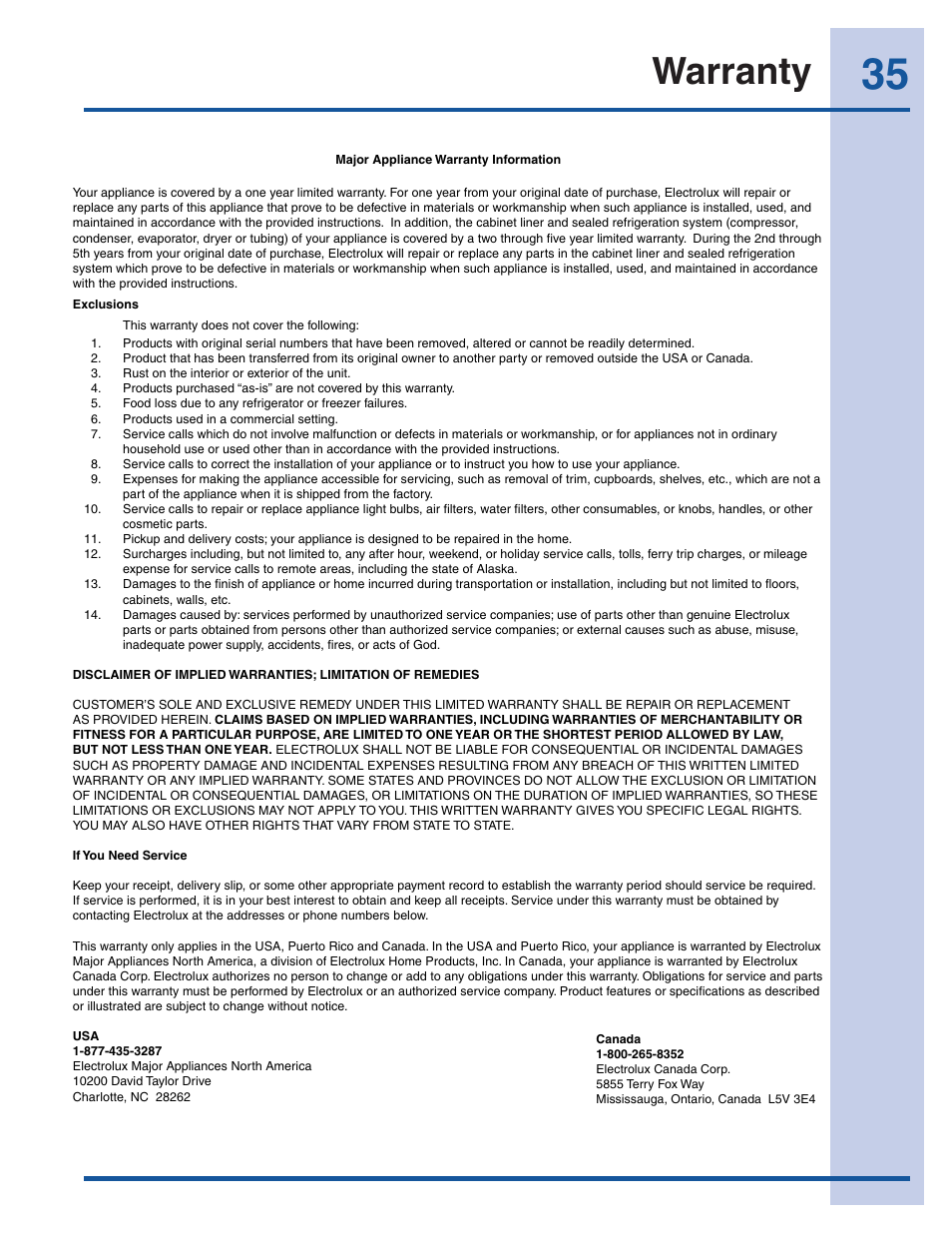 Warranty | Electrolux EI26SS30JS User Manual | Page 35 / 41