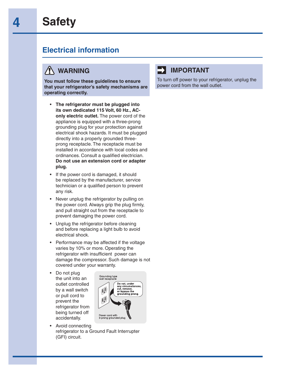 Safety, Electrical information | Electrolux EI26SS30JS User Manual | Page 4 / 41