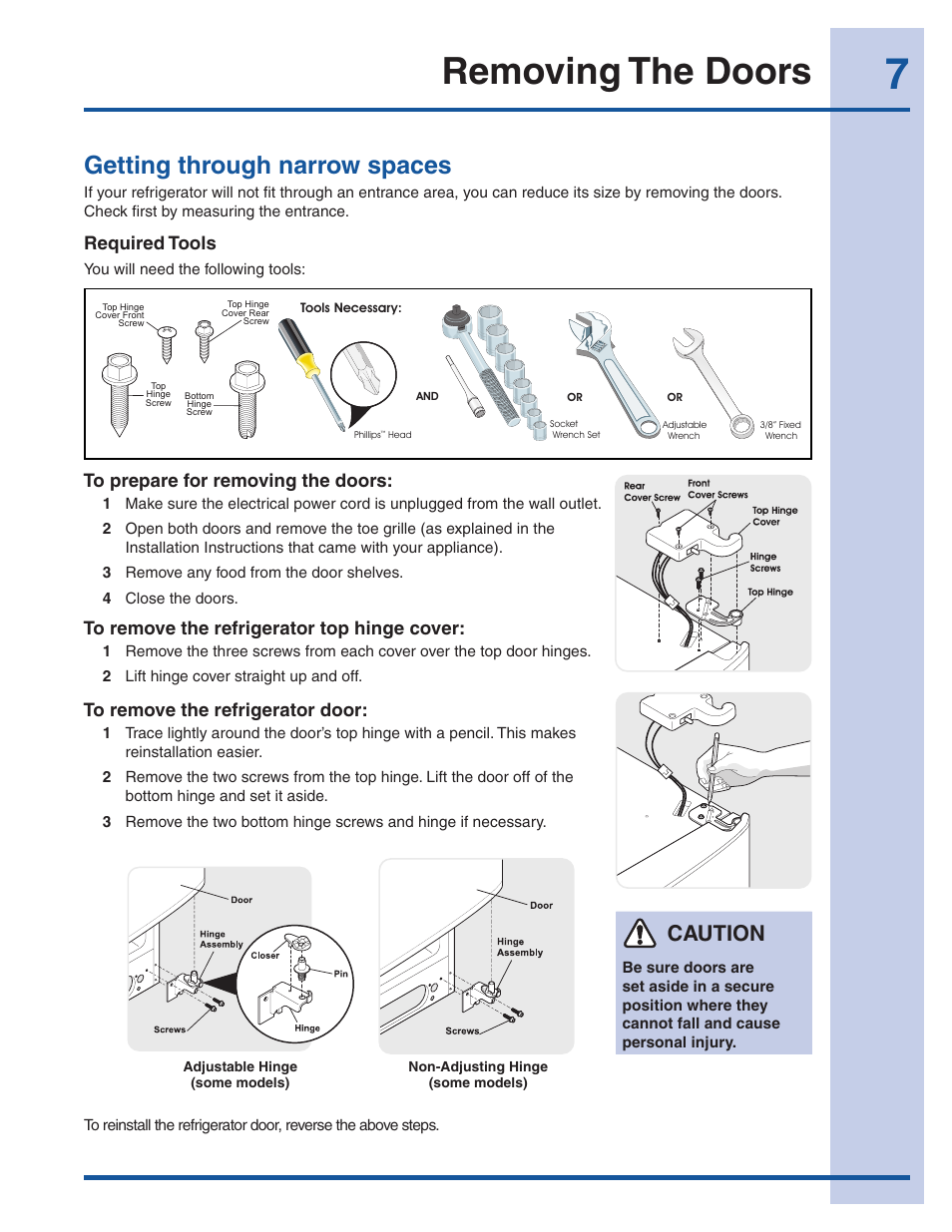 Removing the doors, Getting through narrow spaces, Caution | Required tools | Electrolux EI26SS30JS User Manual | Page 7 / 41