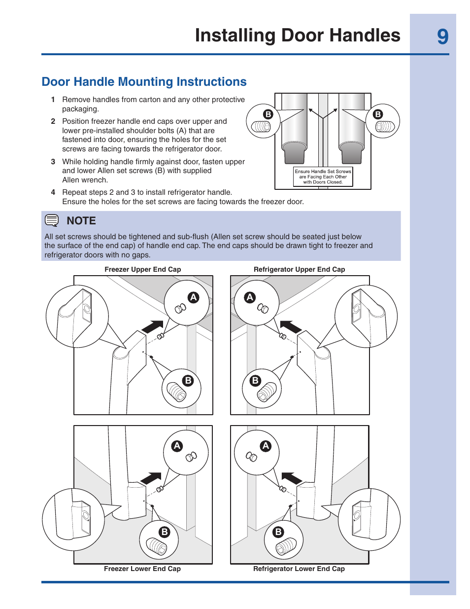 Installing door handles, Door handle mounting instructions | Electrolux EI26SS30JS User Manual | Page 9 / 41