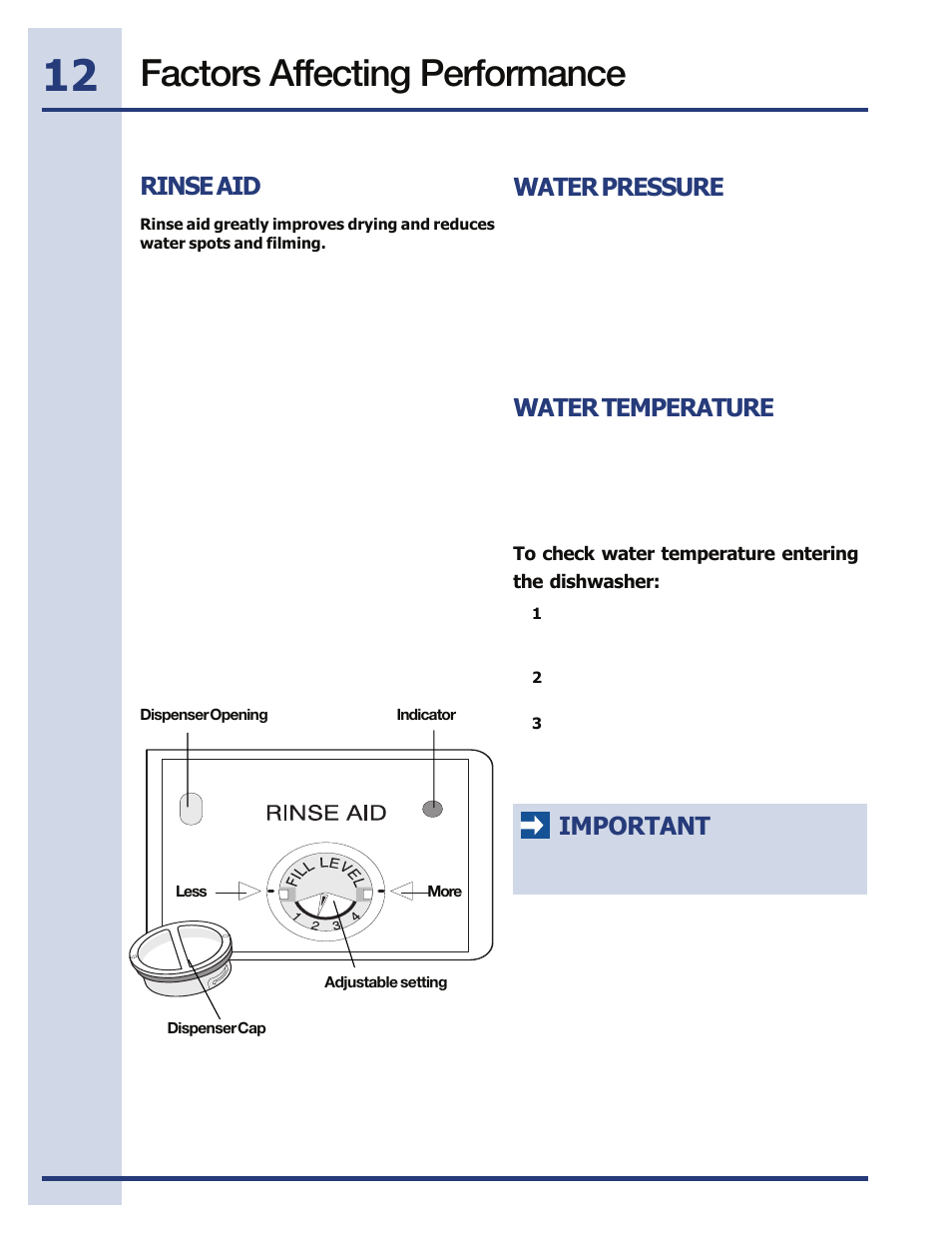 Factors affecting performance, Water pressure, Water temperature | Important, Rinse aid | Electrolux EIDW5705PW User Manual | Page 12 / 60