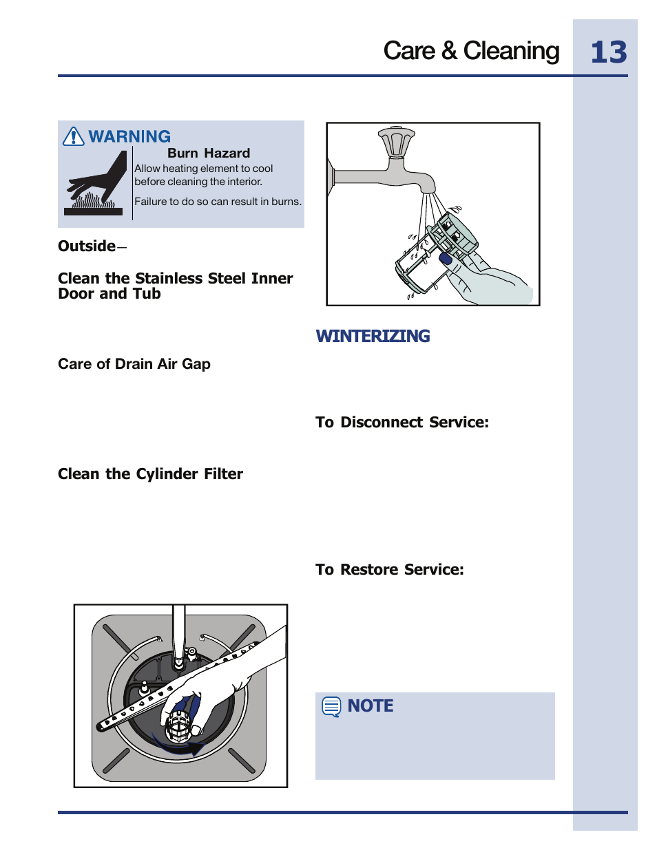 Care & cleaning, Winterizing, Care of drain air gap | Outside, Clean the stainless steel inner door and tub, Clean the cylinder filter | Electrolux EIDW5705PW User Manual | Page 13 / 60