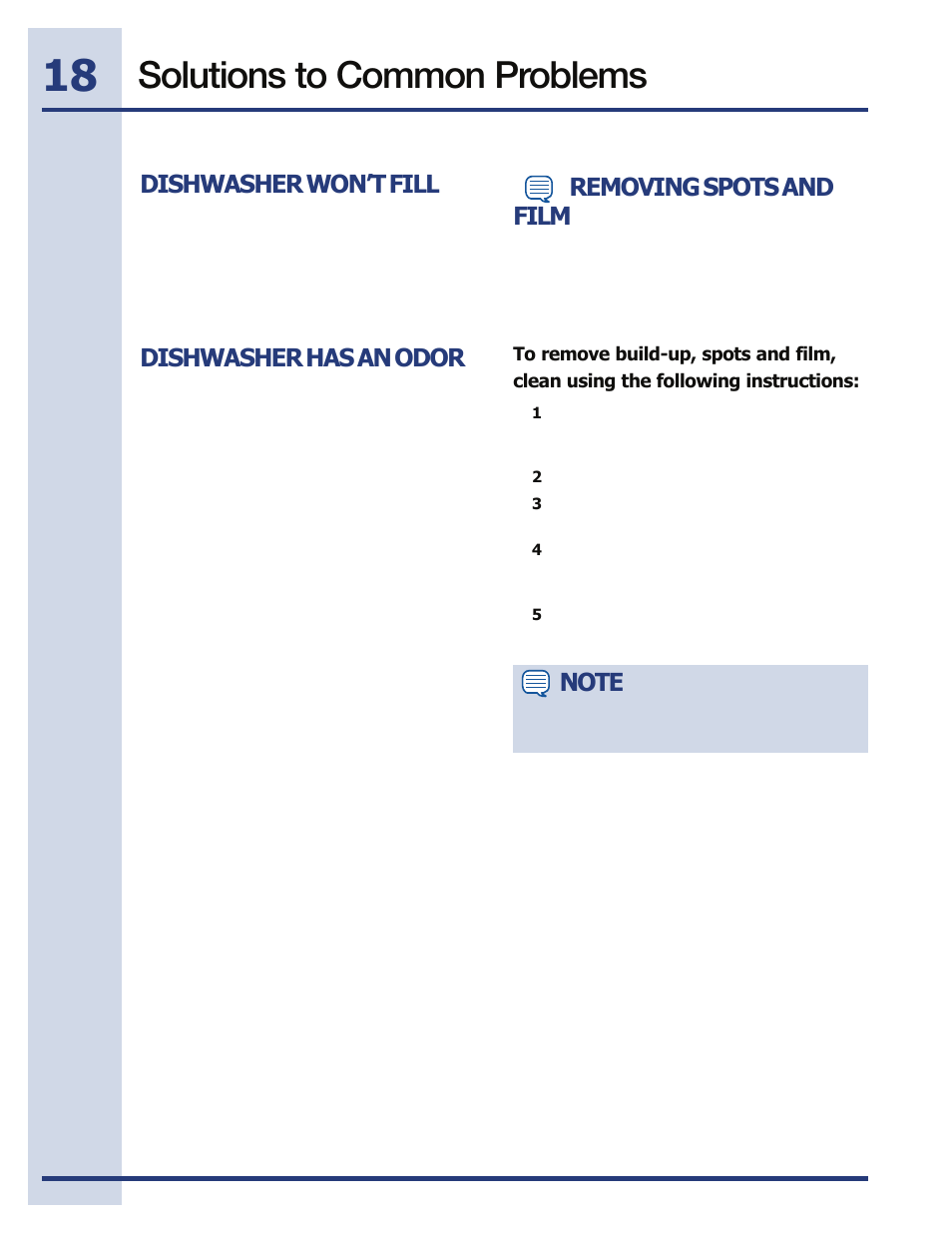 Solutions to common problems, Dishwasher won’t fill, Dishwasher has an odor | Removing spots and film | Electrolux EIDW5705PW User Manual | Page 18 / 60