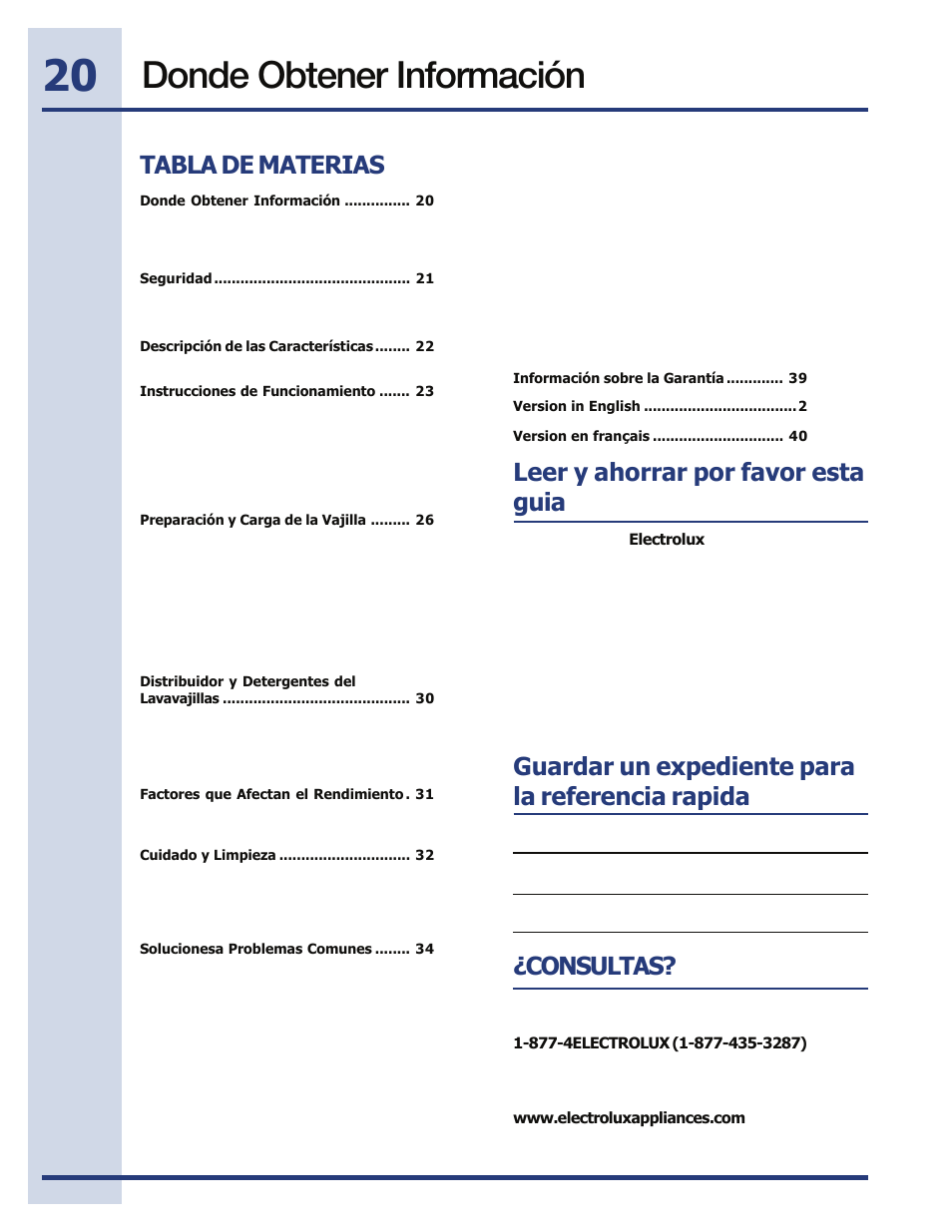 Donde obtener información, Consultas, Tabla de materias | Electrolux EIDW5705PW User Manual | Page 20 / 60