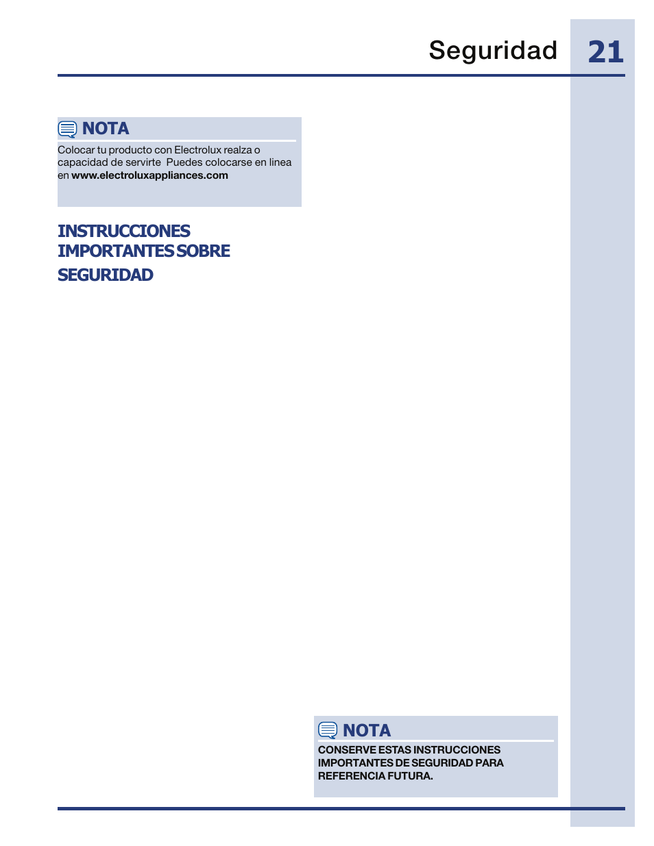 Seguridad, Nota, Instrucciones importantes sobre seguridad | Electrolux EIDW5705PW User Manual | Page 21 / 60