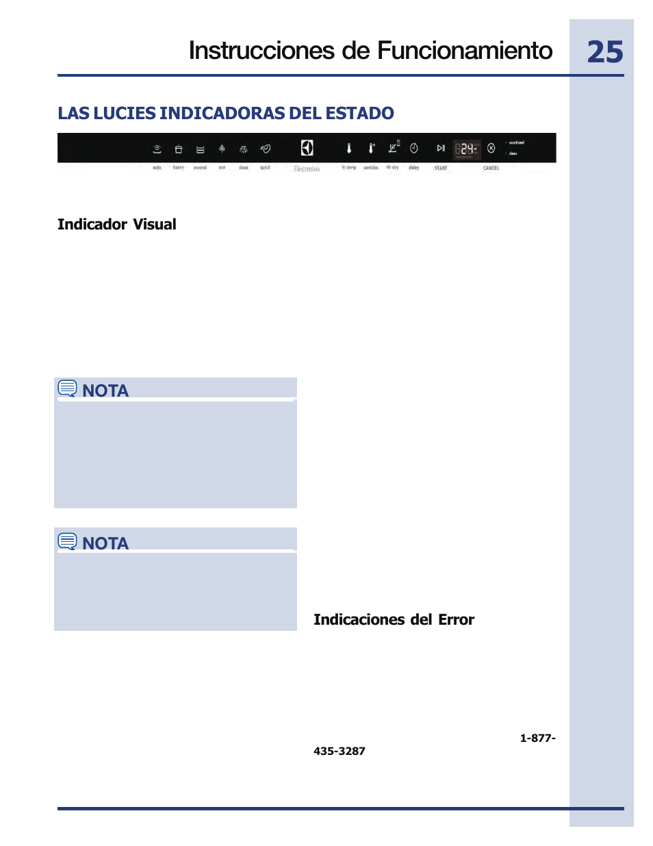 Instrucciones de funcionamiento, Las lucies indicadoras del estado, Nota | Indicaciones del error, Indicador visual | Electrolux EIDW5705PW User Manual | Page 25 / 60