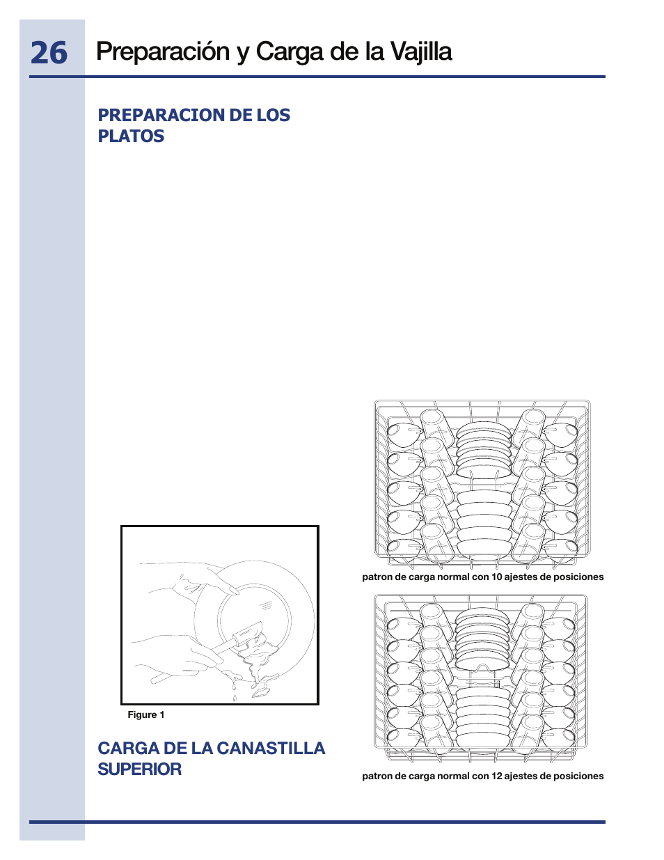 Preparación y carga de la vajilla, Preparacion de los platos, Carga de la canastilla superior | Electrolux EIDW5705PW User Manual | Page 26 / 60