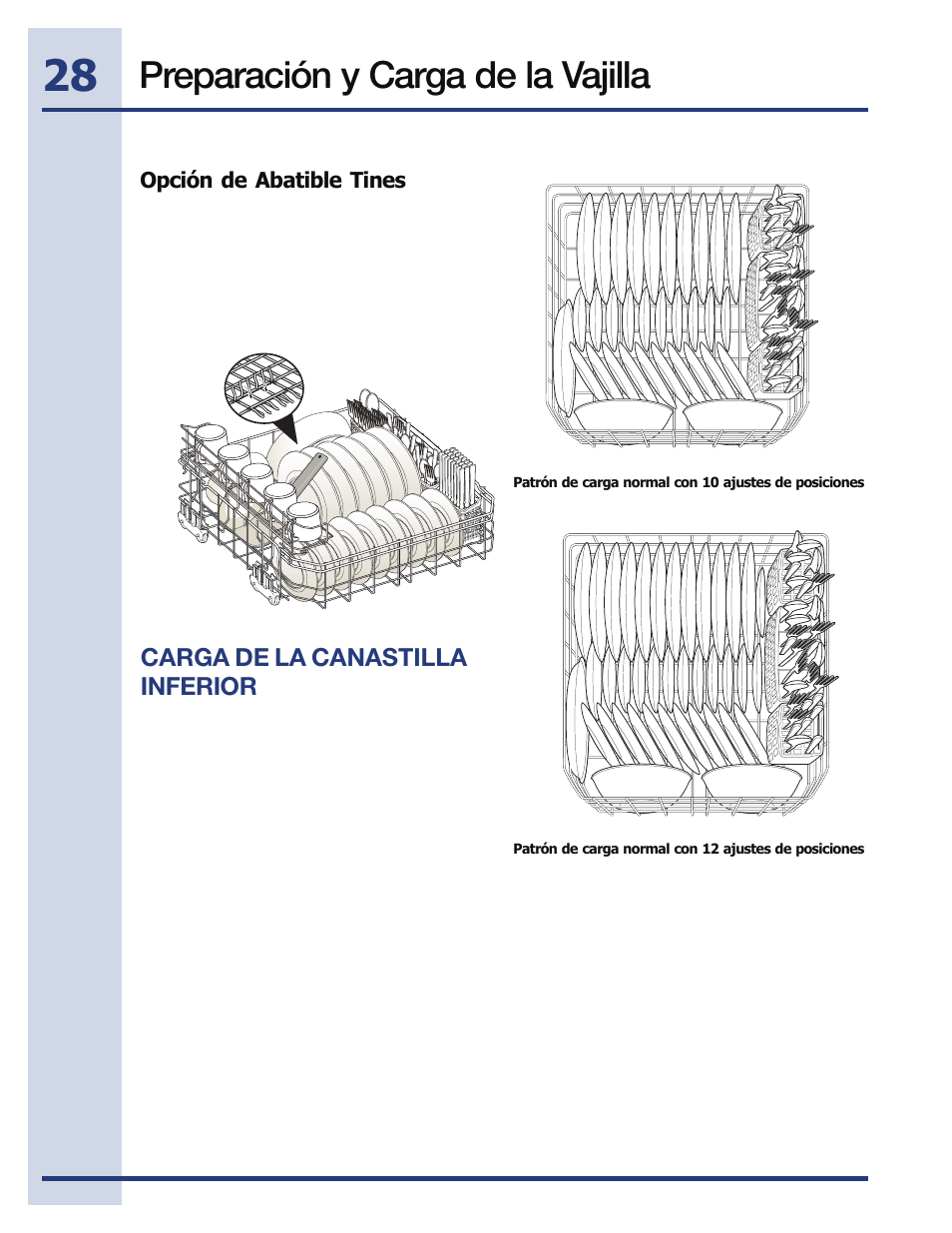 Preparación y carga de la vajilla, Carga de la canastilla inferior, Opción de abatible tines | Electrolux EIDW5705PW User Manual | Page 28 / 60