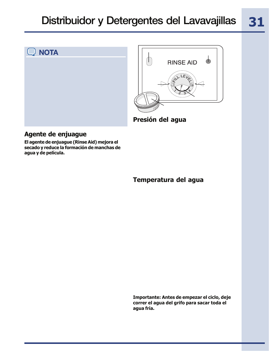 Distribuidor y detergentes del lavavajillas, Nota, Agente de enjuague presión del agua | Temperatura del agua | Electrolux EIDW5705PW User Manual | Page 31 / 60