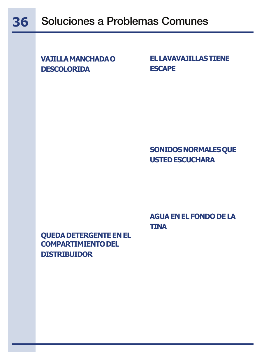 Soluciones a problemas comunes, Vajilla manchada o descolorida, El lavavajillas tiene escape | Sonidos normales que usted escuchara, Agua en el fondo de la tina | Electrolux EIDW5705PW User Manual | Page 36 / 60