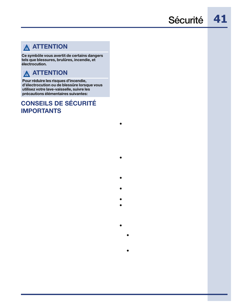 Sécurité, Attention, Attention conseils de sécurité importants | Electrolux EIDW5705PW User Manual | Page 41 / 60