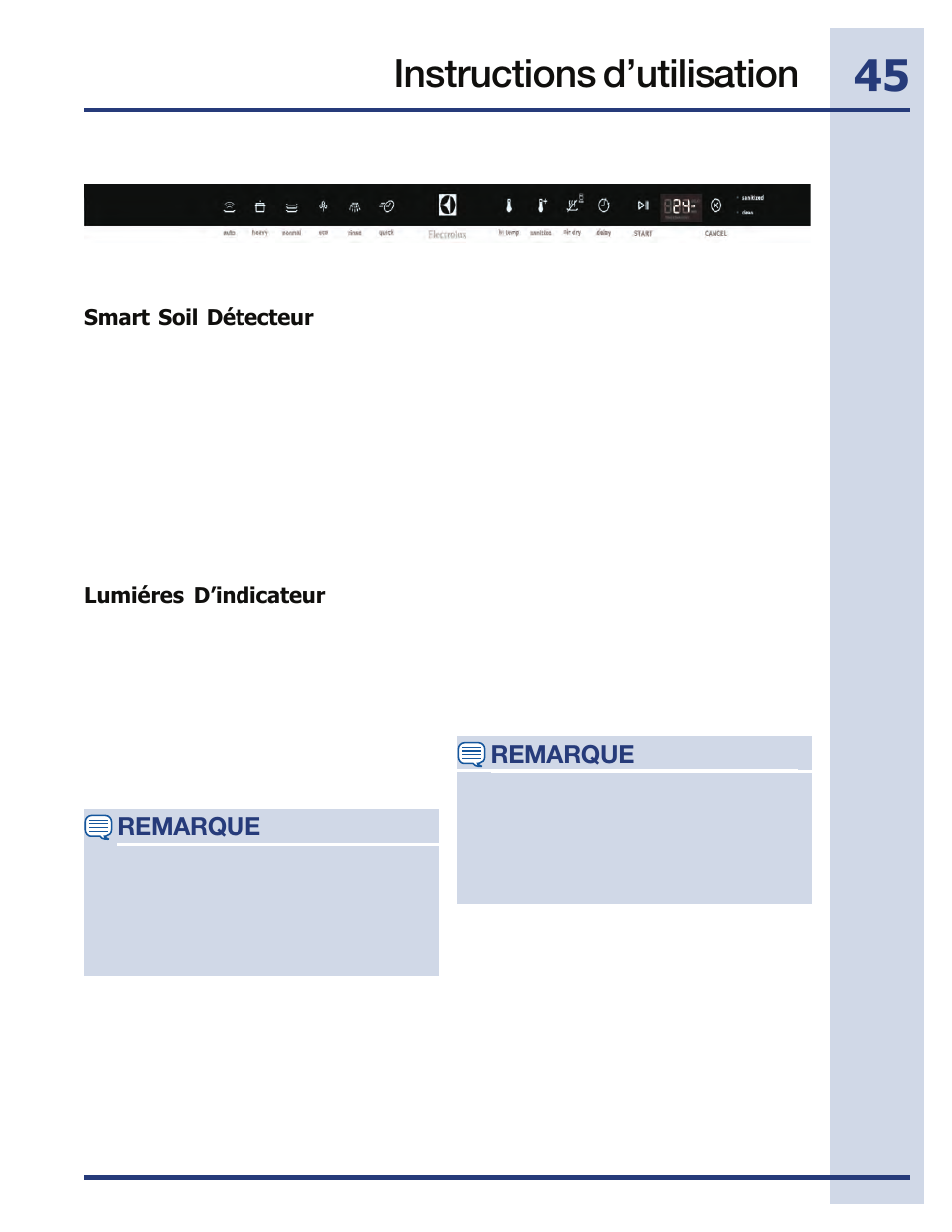 Instructions d’utilisation, Remarque, Smart soil détecteur | Lumiéres d’indicateur | Electrolux EIDW5705PW User Manual | Page 45 / 60