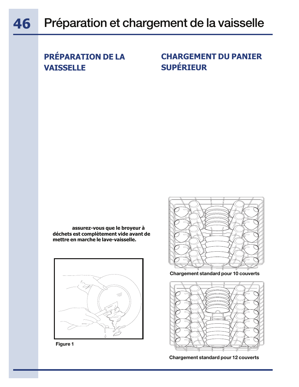 Préparation et chargement de la vaisselle, Chargement du panier supérieur, Préparation de la vaisselle | Electrolux EIDW5705PW User Manual | Page 46 / 60