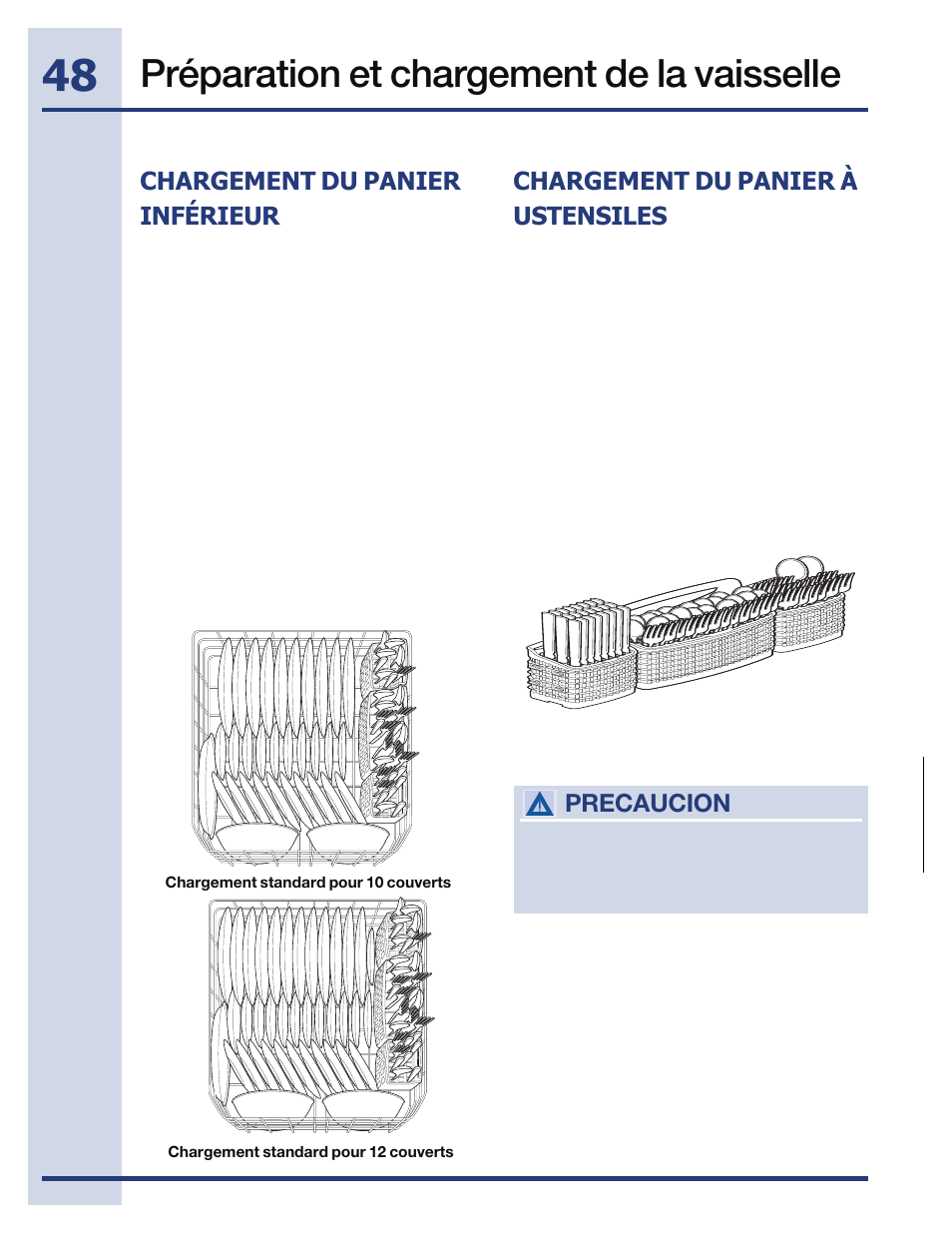 Préparation et chargement de la vaisselle, Chargement du panier à ustensiles, Chargement du panier inférieur | Precaucion | Electrolux EIDW5705PW User Manual | Page 48 / 60