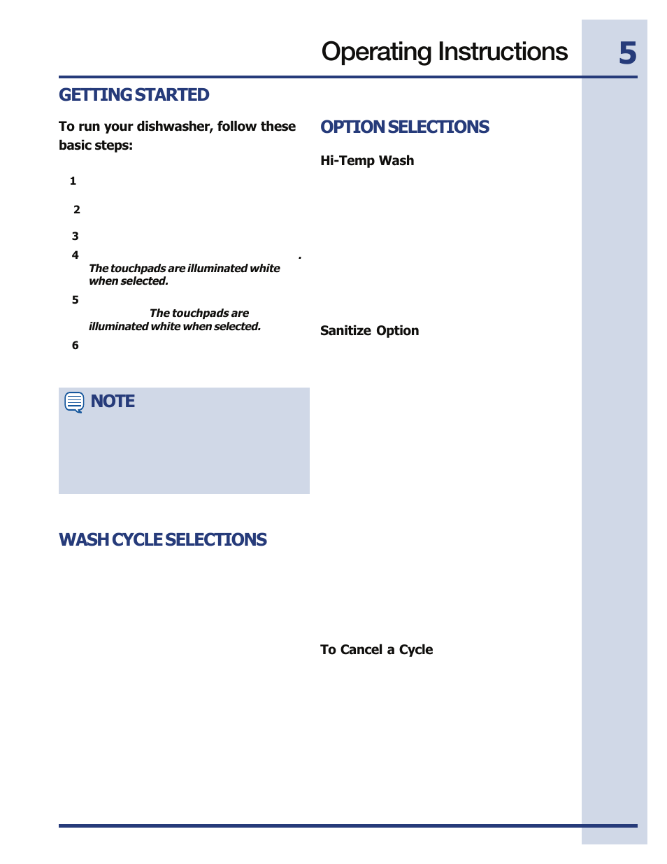 Operating instructions, Getting started, Wash cycle selections | Option selections | Electrolux EIDW5705PW User Manual | Page 5 / 60