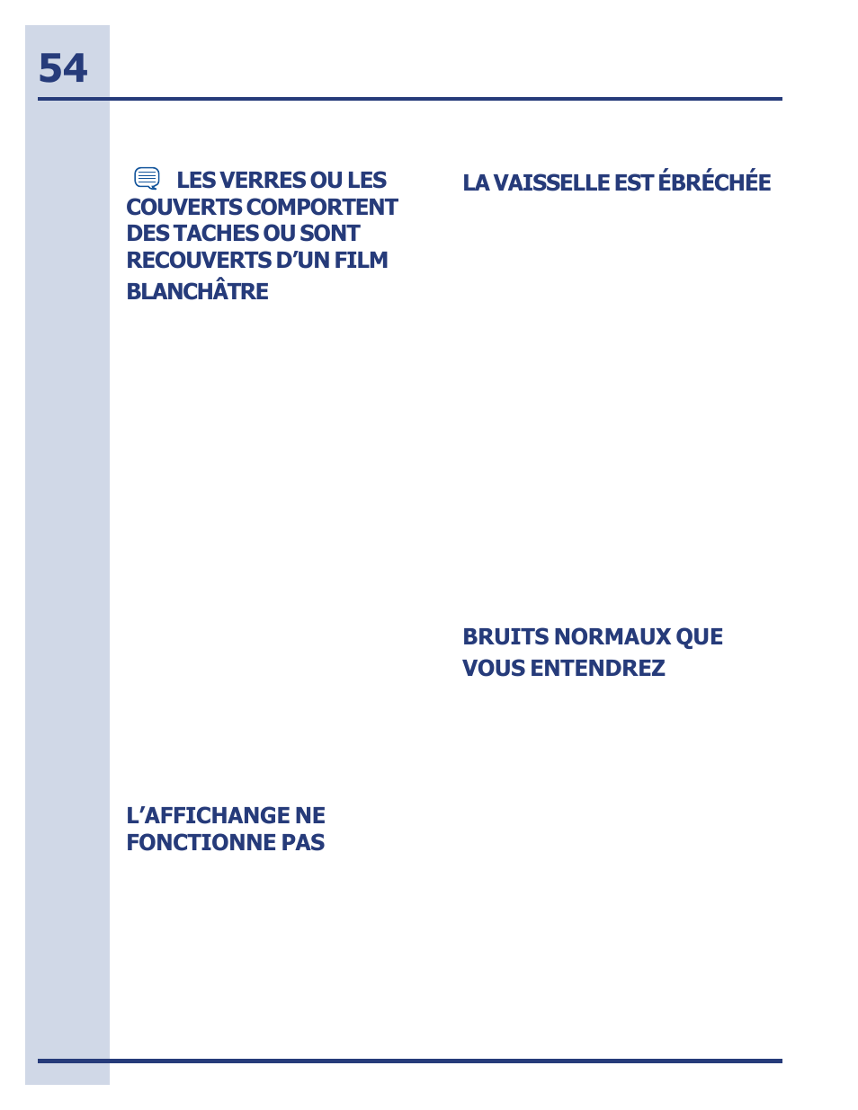 La vaisselle est ébréchée, Bruits normaux que vous entendrez, L’affichange ne fonctionne pas | Electrolux EIDW5705PW User Manual | Page 54 / 60